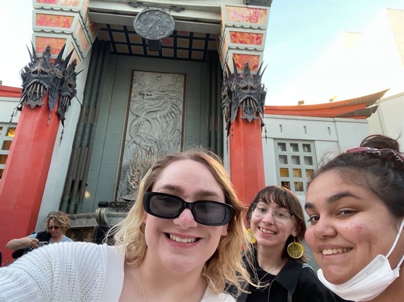 Senior Jane Pettit, freshman Alex McClintic, and sophomore Rosie Rivera outside the iconic Chinese Theater