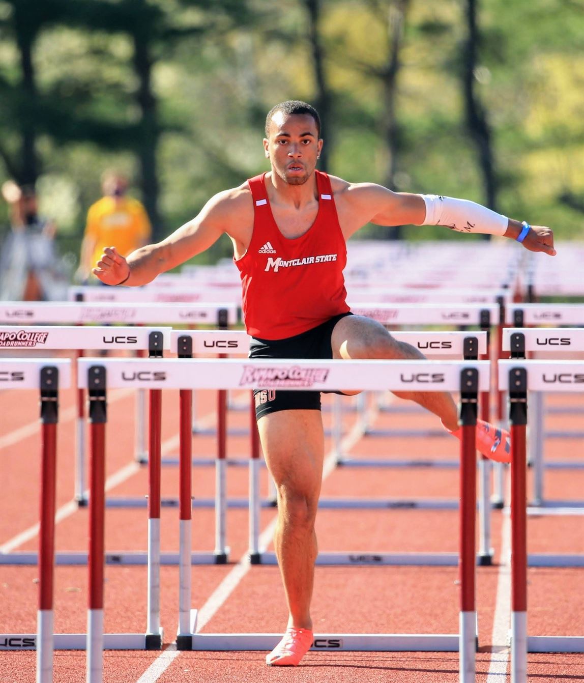 Martin warms up for the 110 high-hurdles in a meet at Ramapo College in 2021. Photo courtesy of Ian Dubac