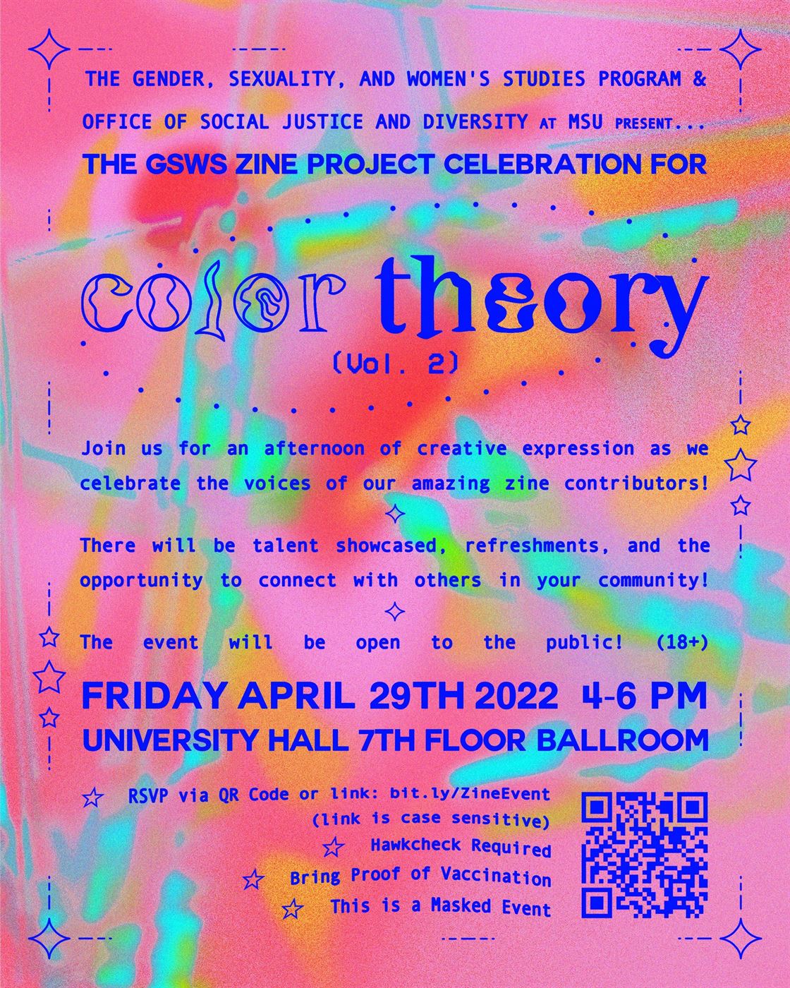 The poster for the celebration of the GSWS Zine Project, Color Theory. Photo courtesy of Emma Hot