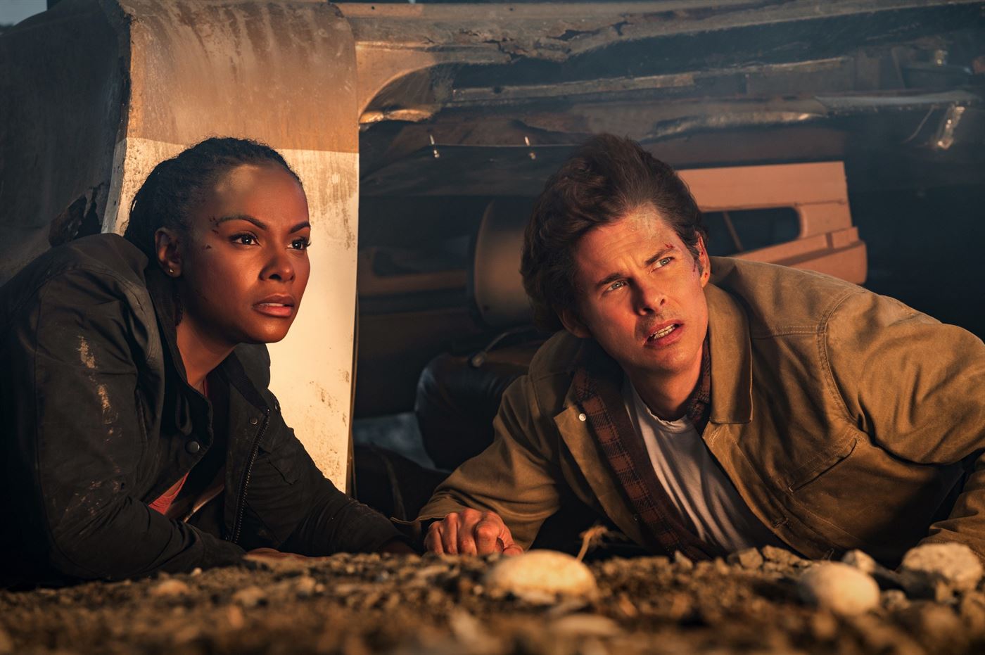 Maddie (Tika Sumpter) and Tom (James Marsden) pinned under rubble. Photo courtesy of Paramount