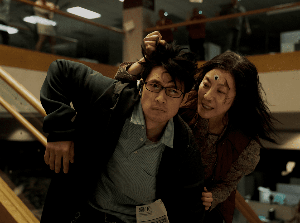 Evelyn Wang (Michelle Yeoh) fights one of Jobu Tupaki’s minions (Harry Shum Jr.). Photo courtesy of A24