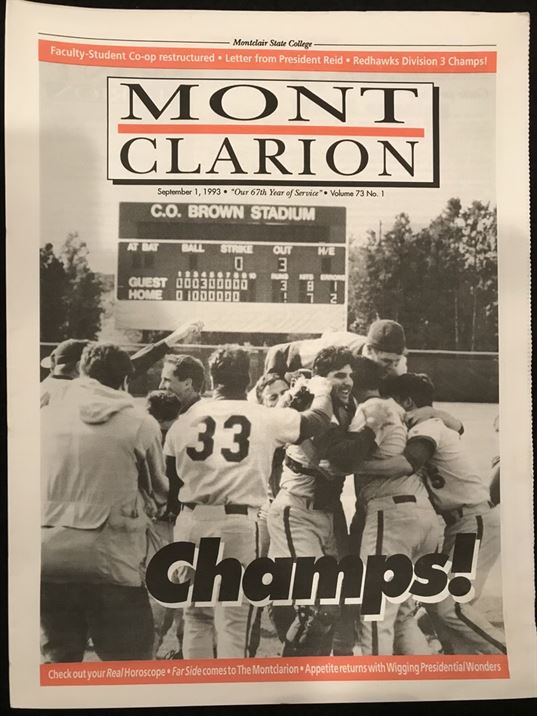 Front page Montclarion article on 1993 Montclair State National Championship. Photo courtesy of Rob DiLaurenzio