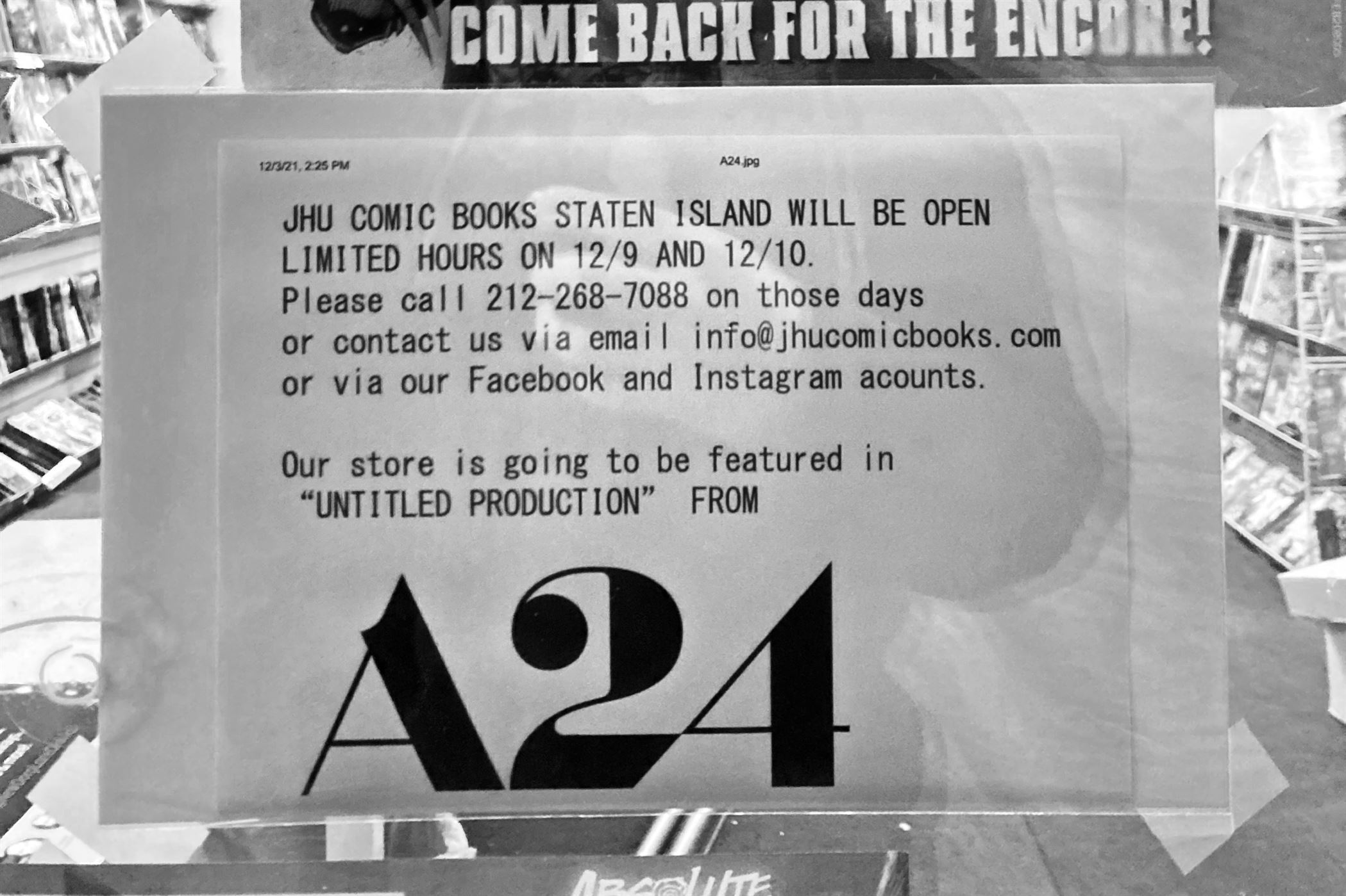 JHU Comic Books in Staten Island closed for "Funny Pages" production in December 2021. Photo courtesy of Shane Fleming.