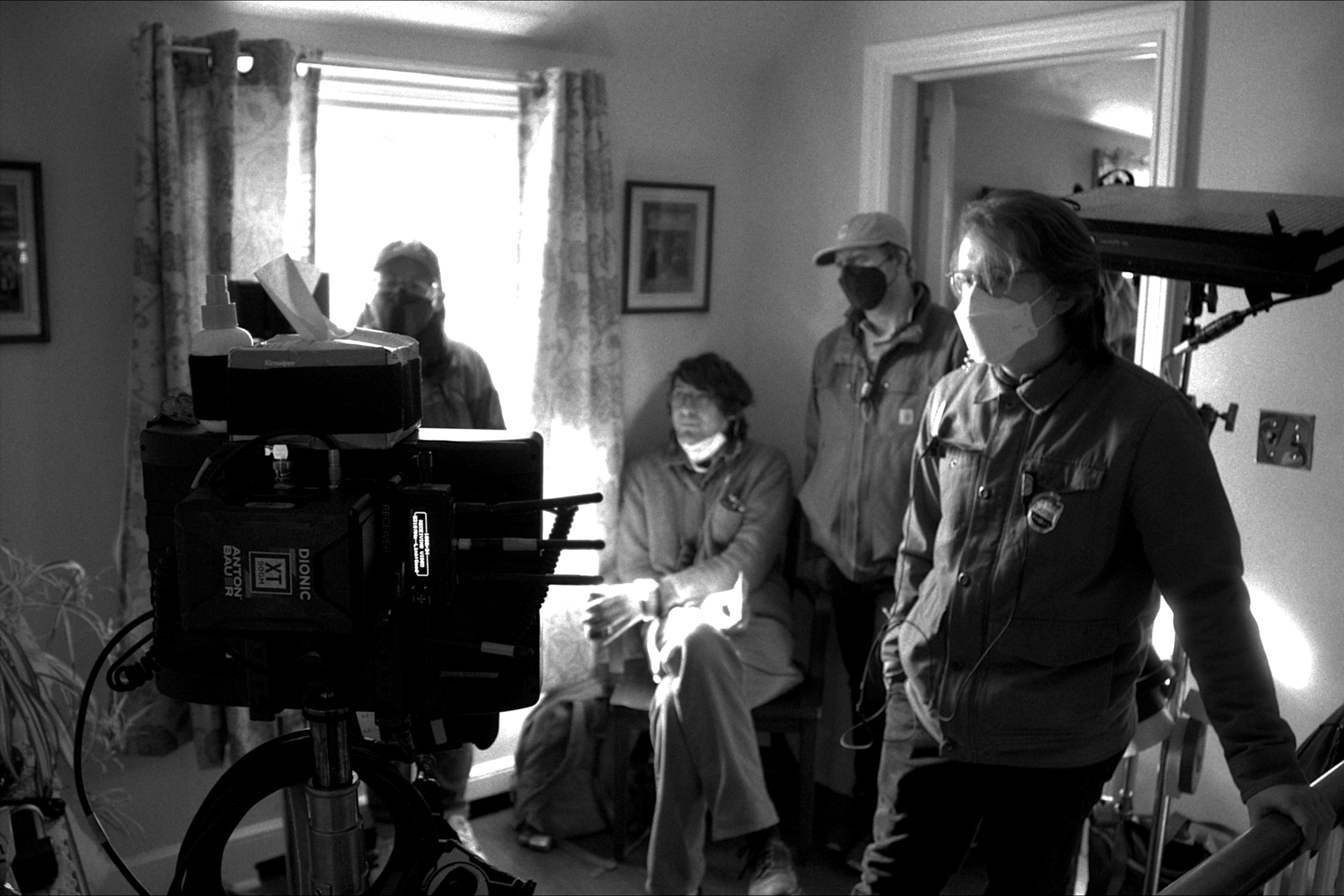 Director Owen Kline (center) and Shane Fleming (right) watching monitors during a take. Photo courtesy of Shane Fleming. Taken by Geoffrey Duncanson.