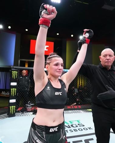 Blanchfield getting her hand raised after defeating JJ Aldrich at UFC Fight Night 207.