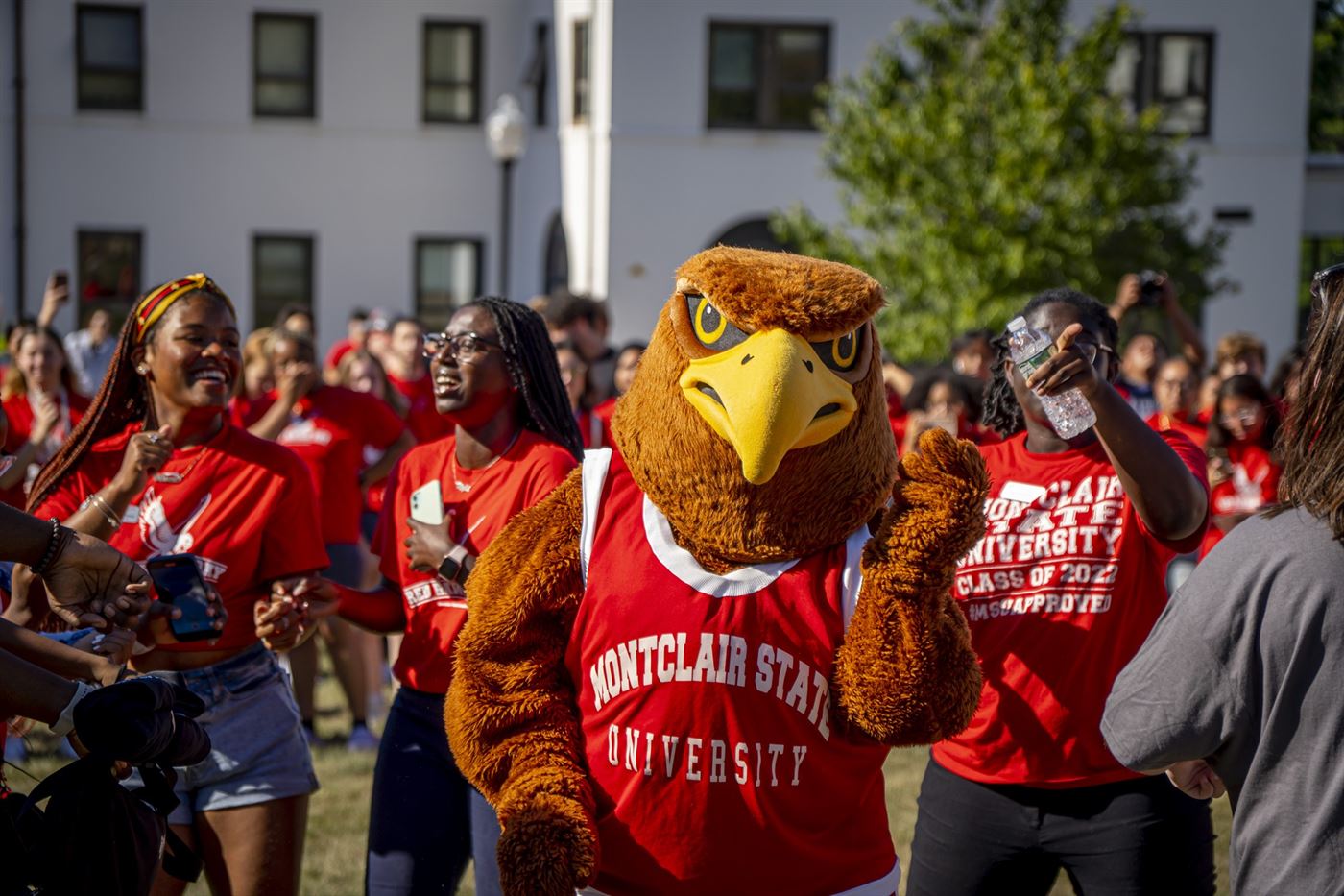 The school mascot, Rocky, dances with students at the end of the Presidential address. Lynise Olivacce | The Montclarion