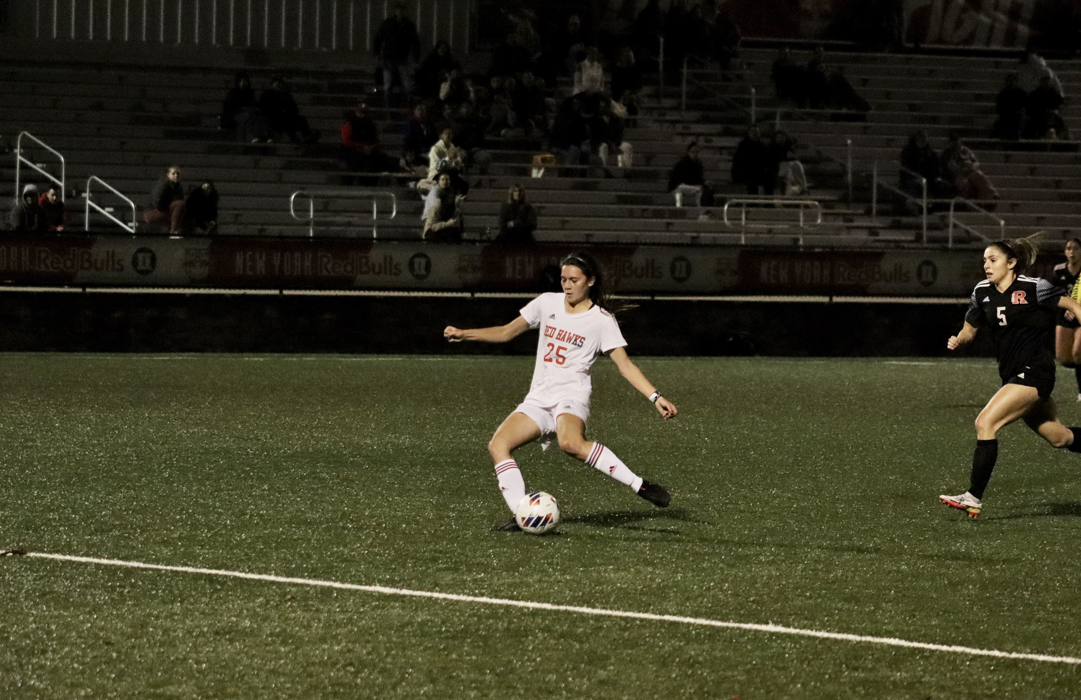 Freshman Kylie Prendergast may not have gotten a ball in the net, but she did assist Cahill on one of her goals against the Scarlet Raiders. Trevor Giesberg | The Montclarion