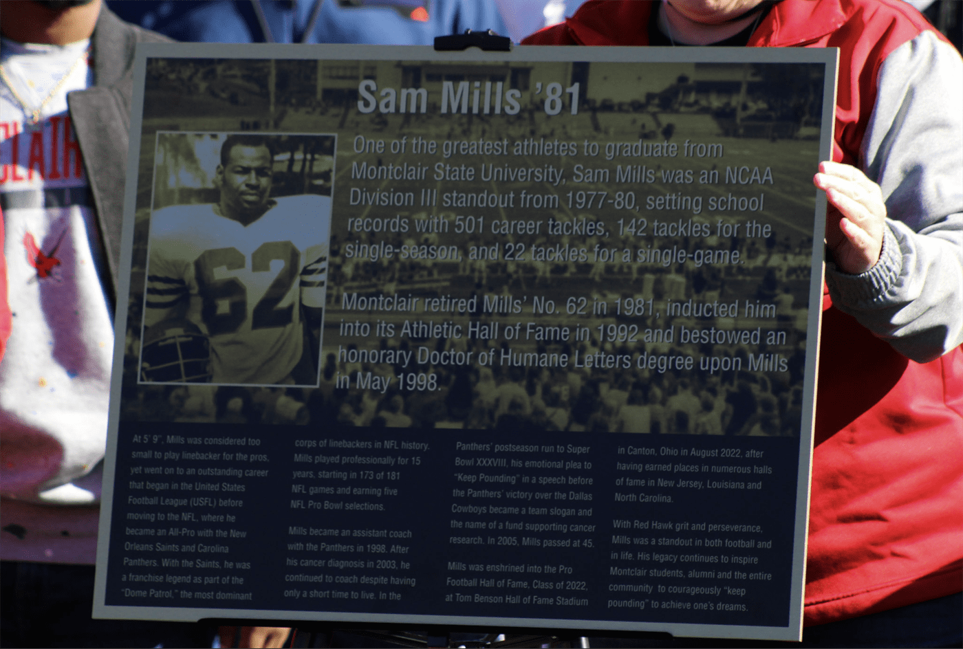 Sam Mills was honored with a new plaque before the game. Brie Killeen | The Montclarion