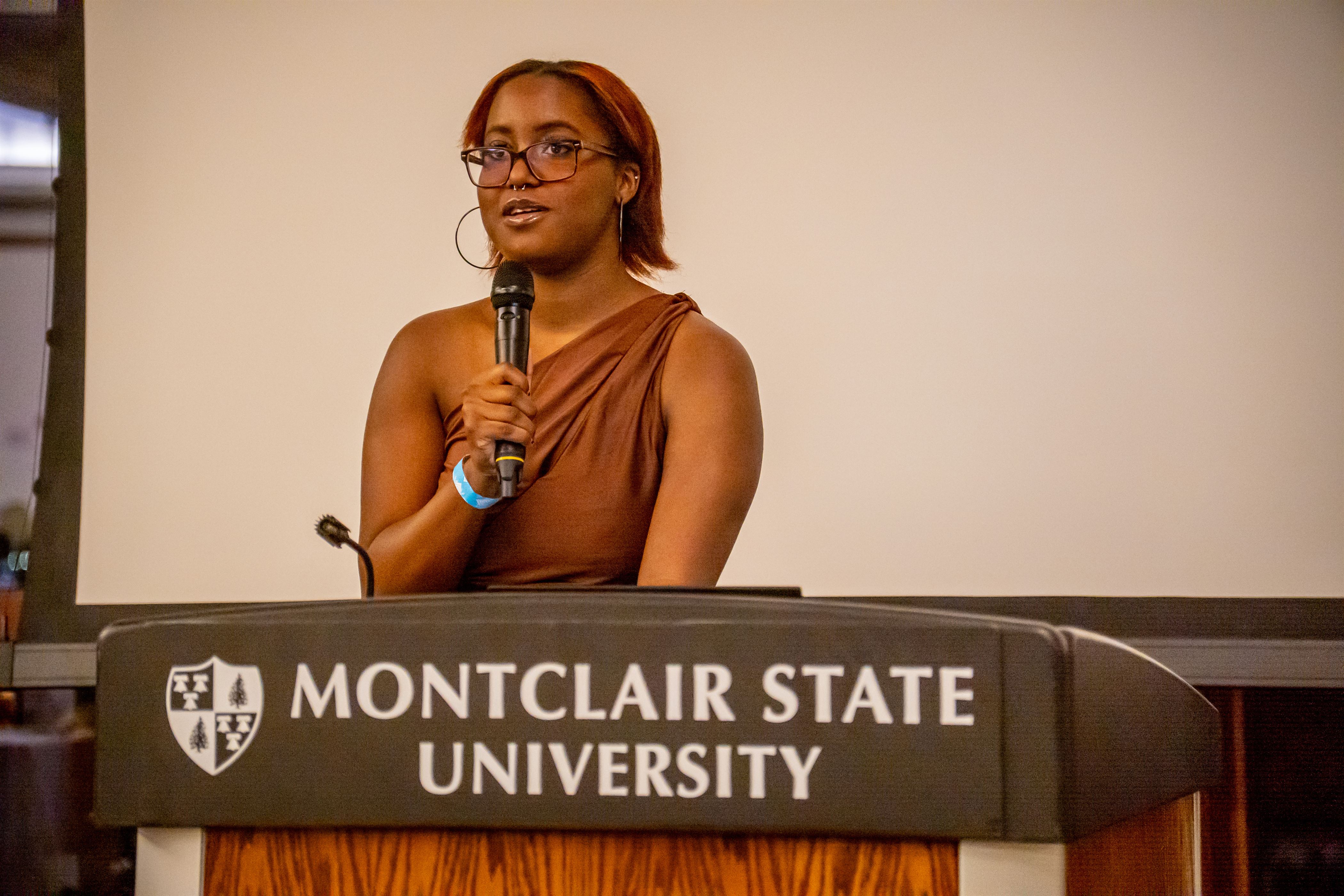 Eyv Matthews recites her speech explaining how grateful she is for BSU. 
Lynise Olivacce | The Montclarion
