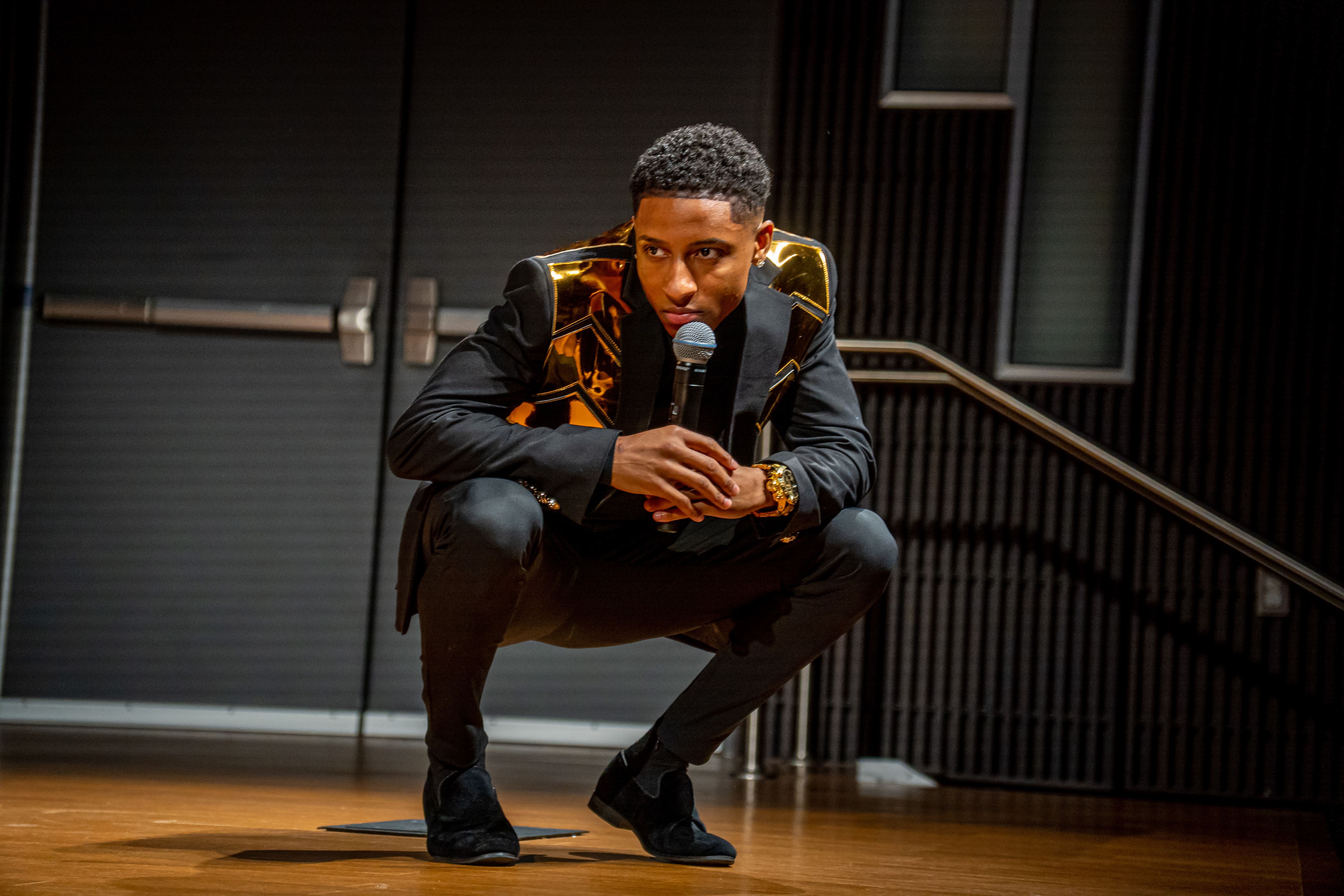 Myles Frost demonstrates the way Tone Talauega trained him to dance like Michael Jackson. Lynise Olivacce | The Montclarion