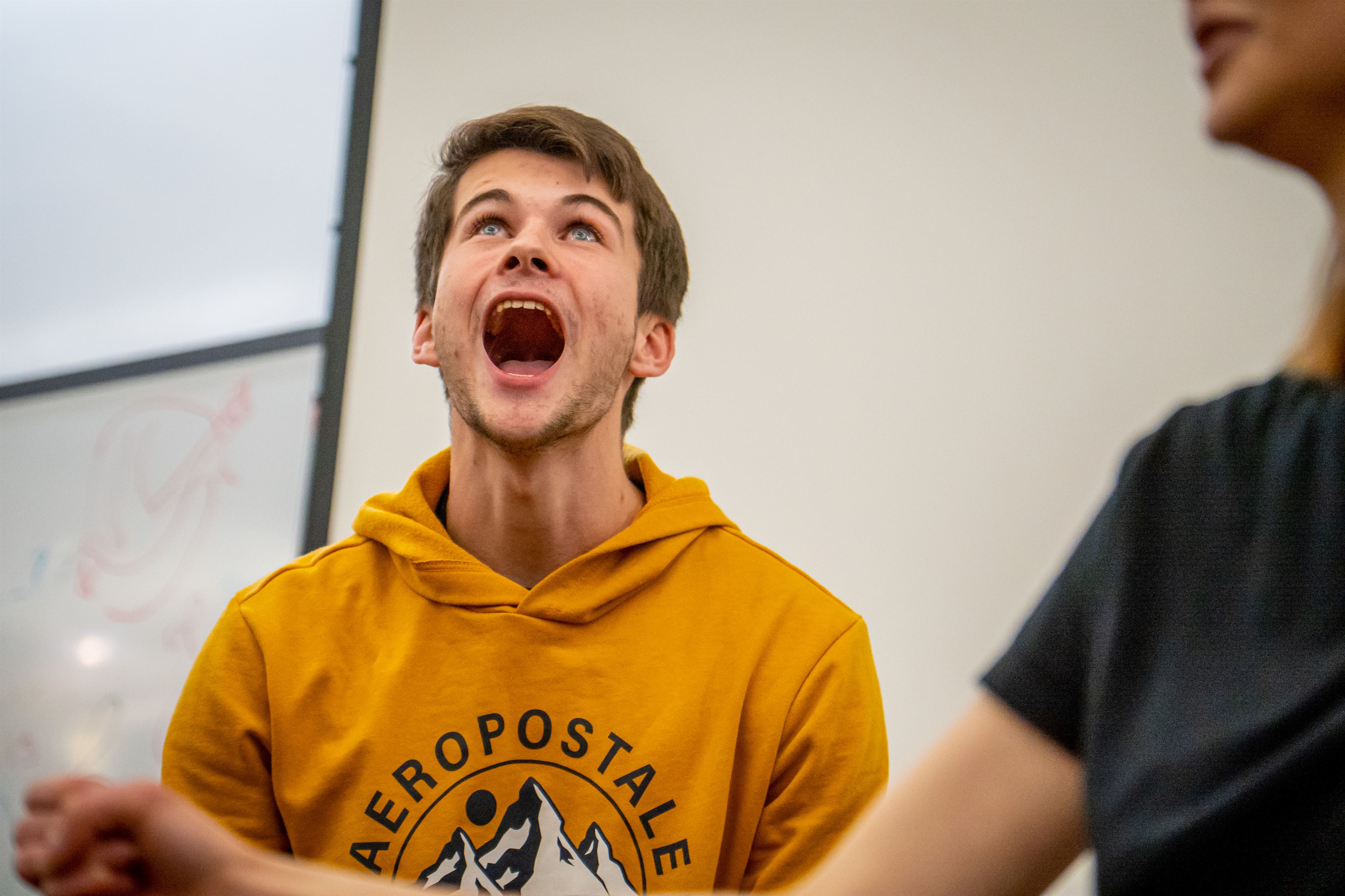 Will Barnes, a freshman sports communications major, shouts during a scene. Lynise Olivacce | The Montclarion