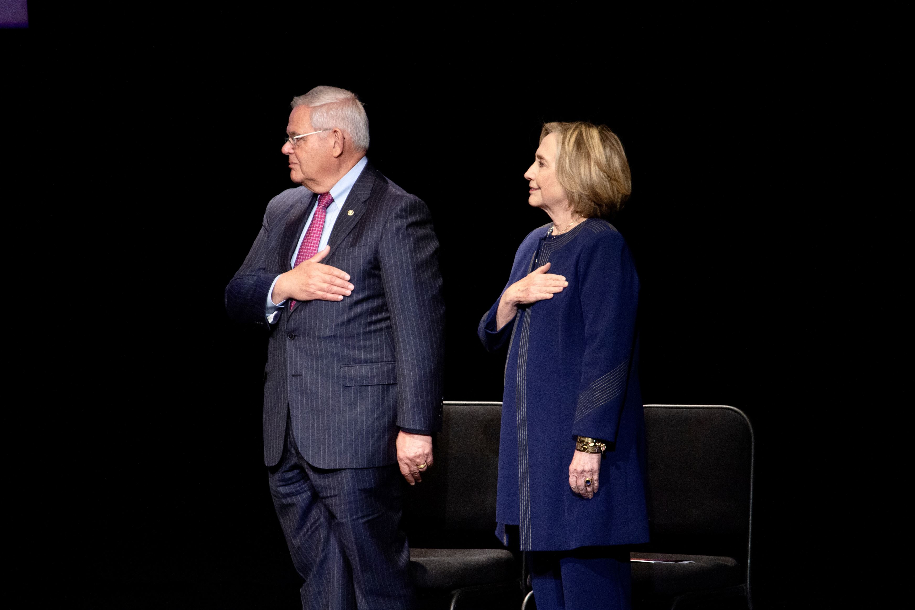 Senator Bob Menendez (D-N.J.) and former Secretary of State Hillary Clinton stand for the national anthem.
Sal DiMaggio | The Montclarion