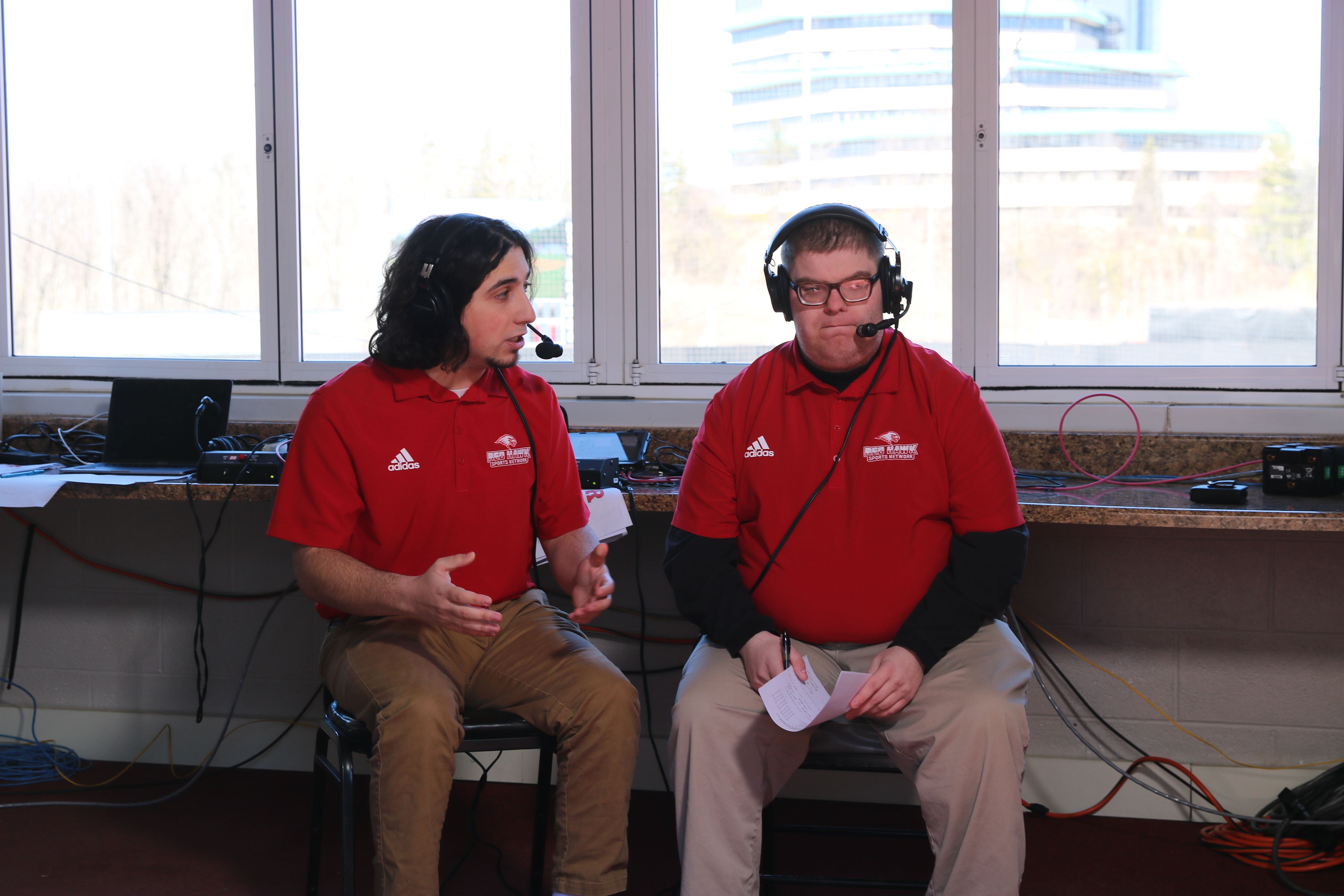 Broadcasters Anthony Cafone and Campbell Donovan report on the game before it starts. Photo courtesy of Maria Barbieri.