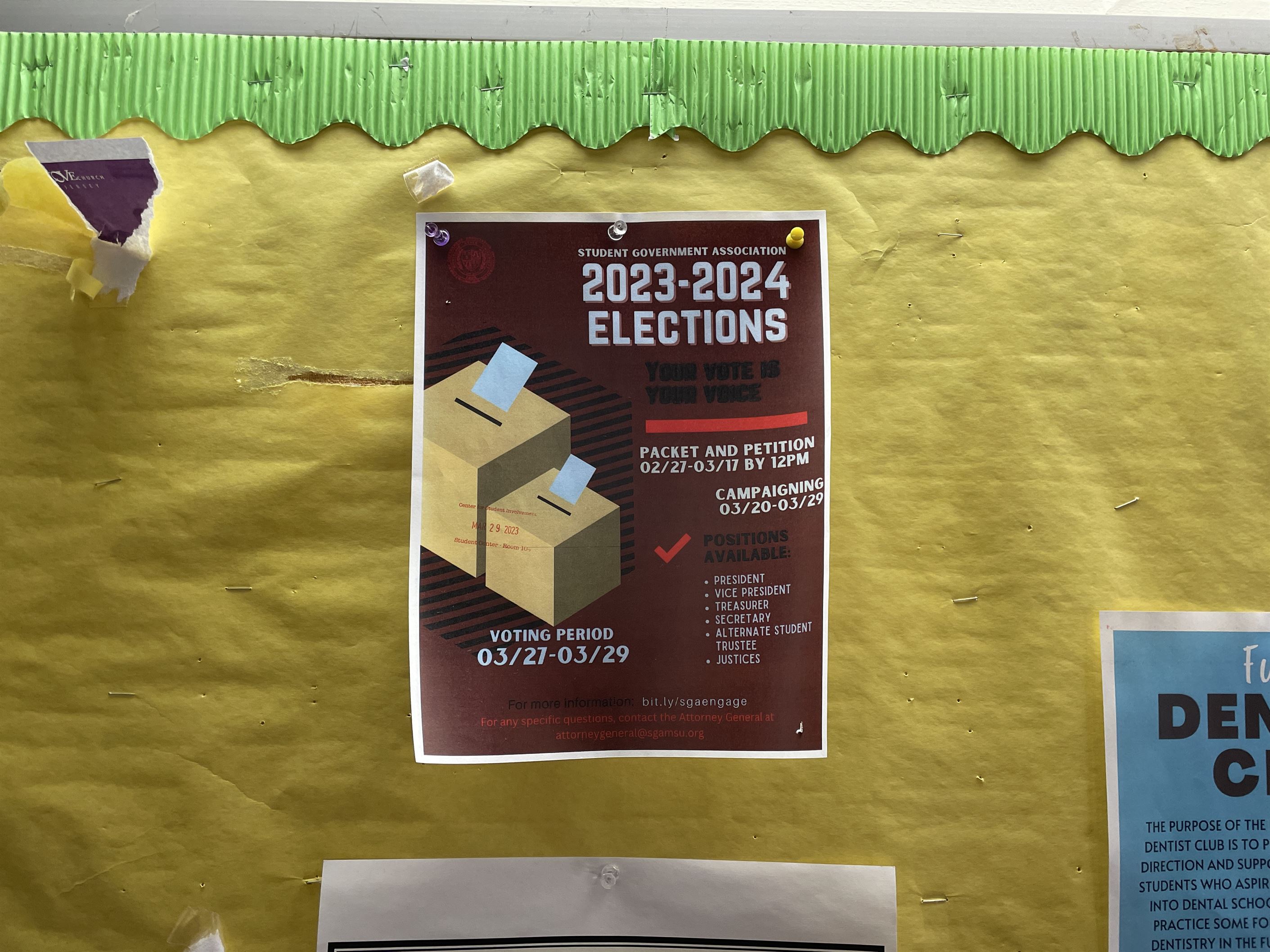The SGA 2023-2024 Elections Flyer inside the Student Center Annex