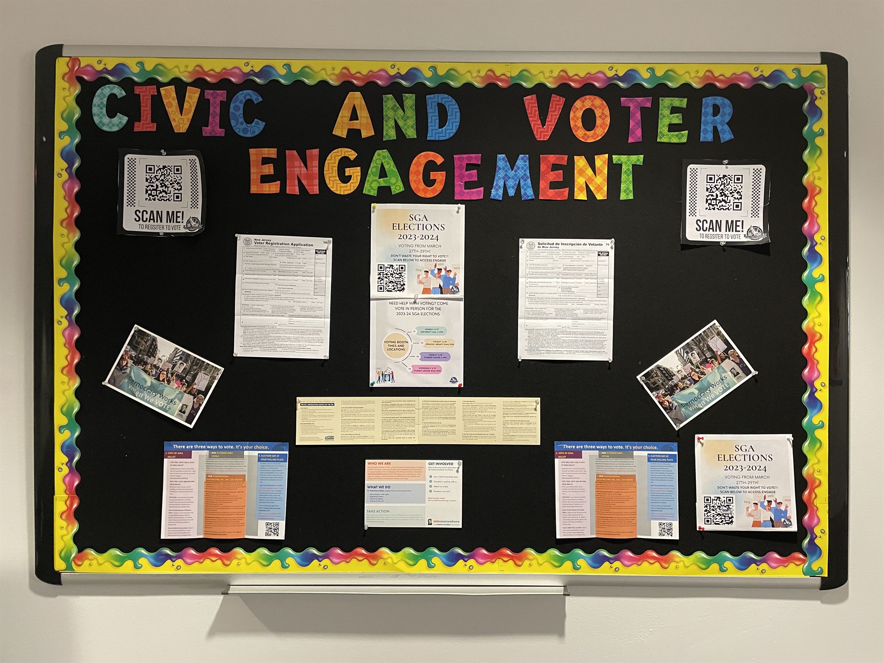 Civic and Voter Engagement bulletin board inside Sprague Library.