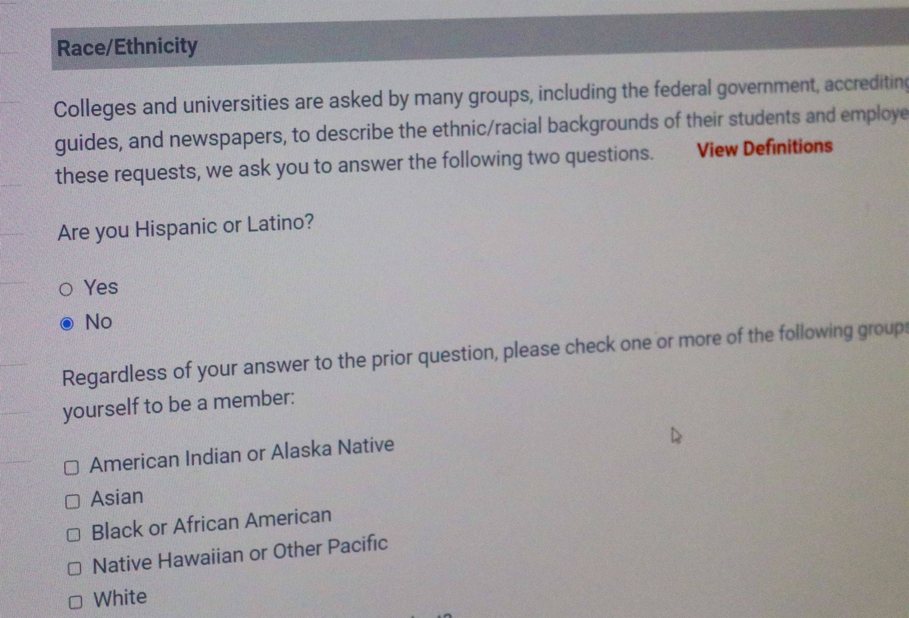 Photo of race and ethnicity questions on the Montclair State University Freshman Enrollment Application. Darian Mozo | The Montclarion
