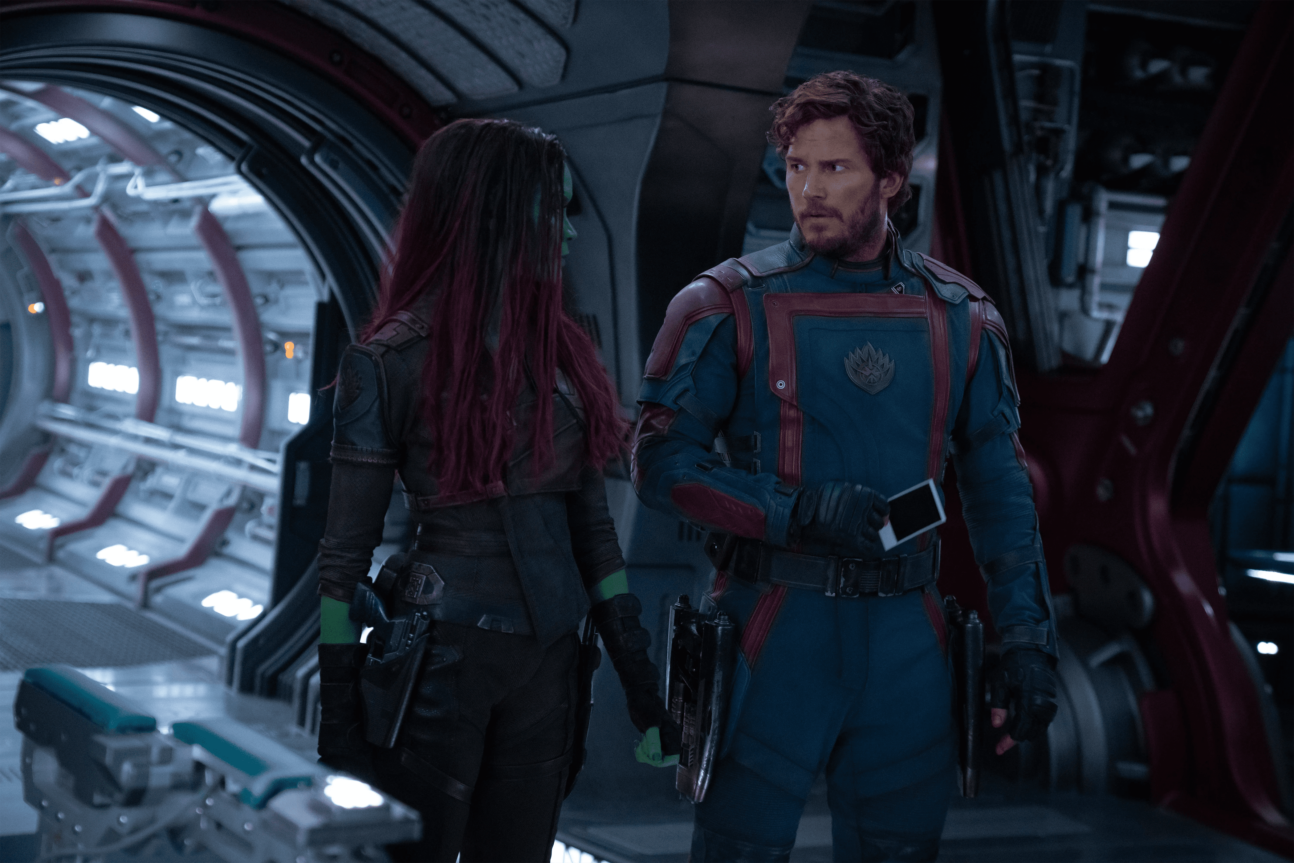 Peter Quill (Chris Pratt, right) is left reeling by the death and seeming resurrection of the love of his life, Gamora (Zoe Saldana, left). Photo courtesy of Marvel Studios