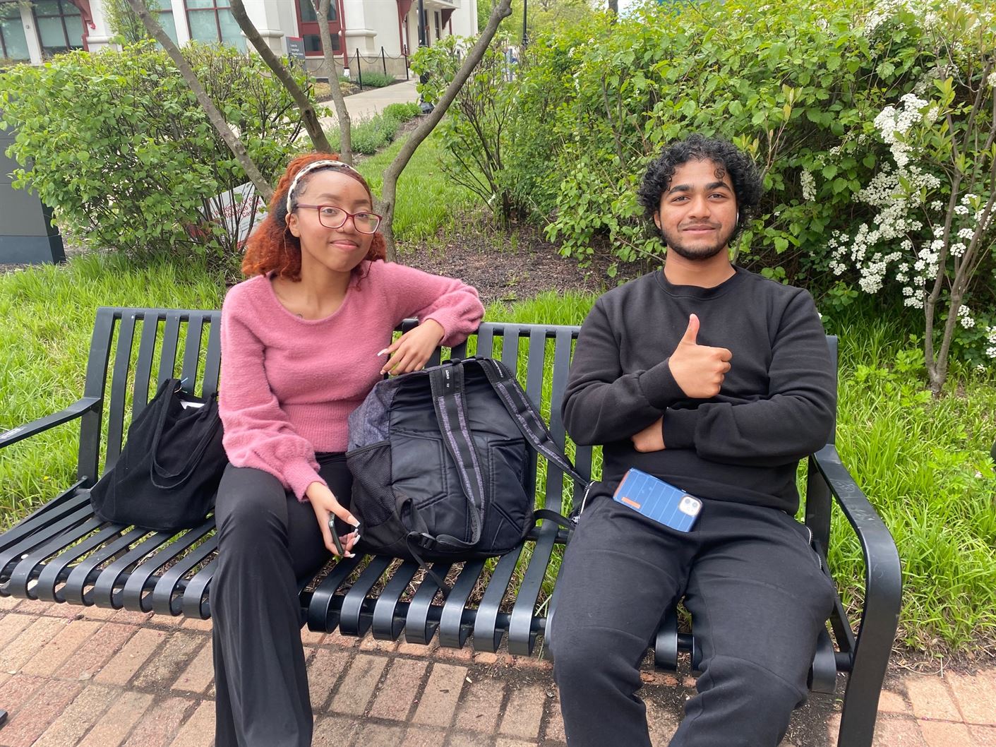Amira Holmes and Saher Chaudhry listen to music during finals to cope with stress.
Kamil Santana | The Montclarion