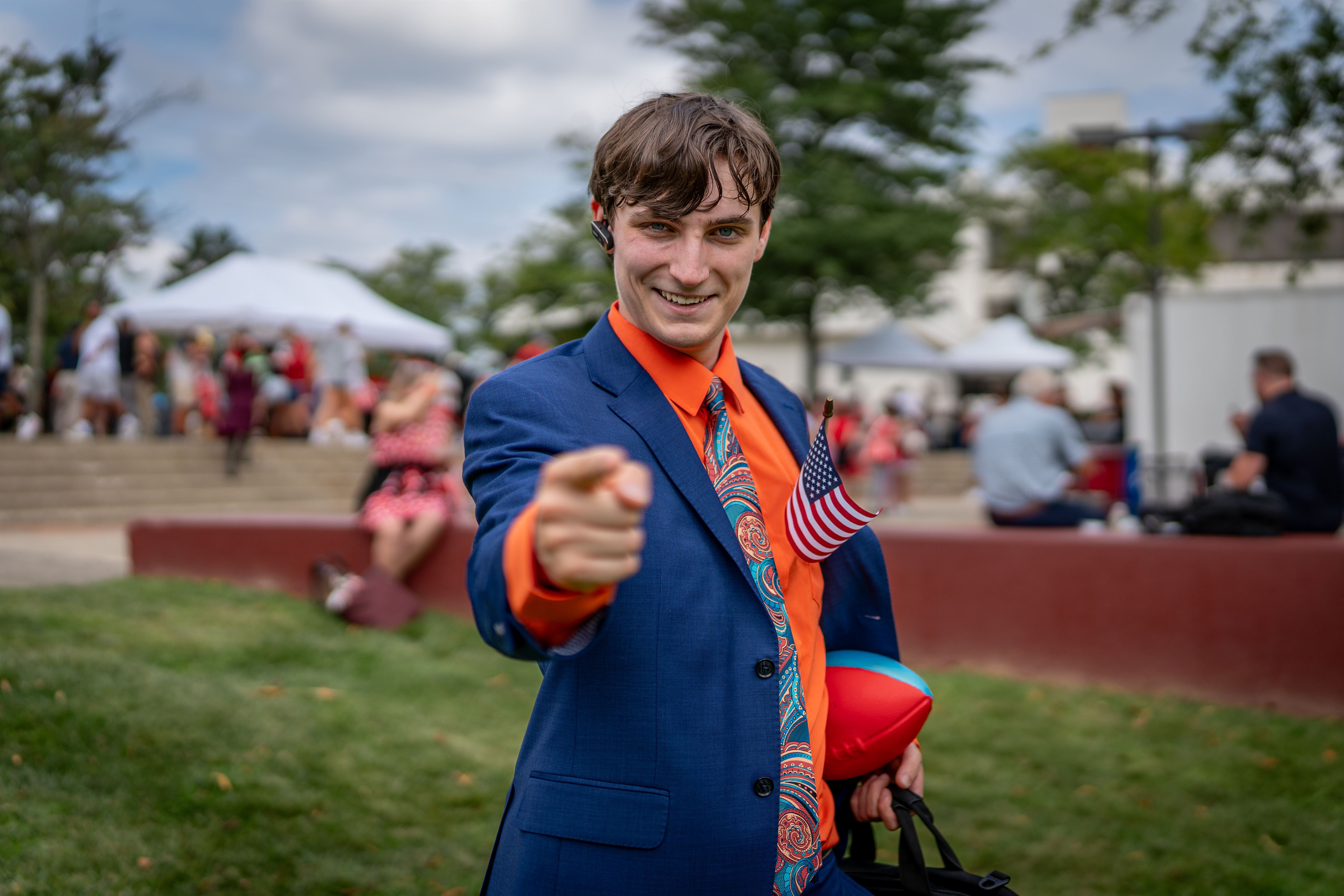 Alex Greaney, a senior film and TV major, poses as Saul Goodman from the popular show "Better Call Saul", on