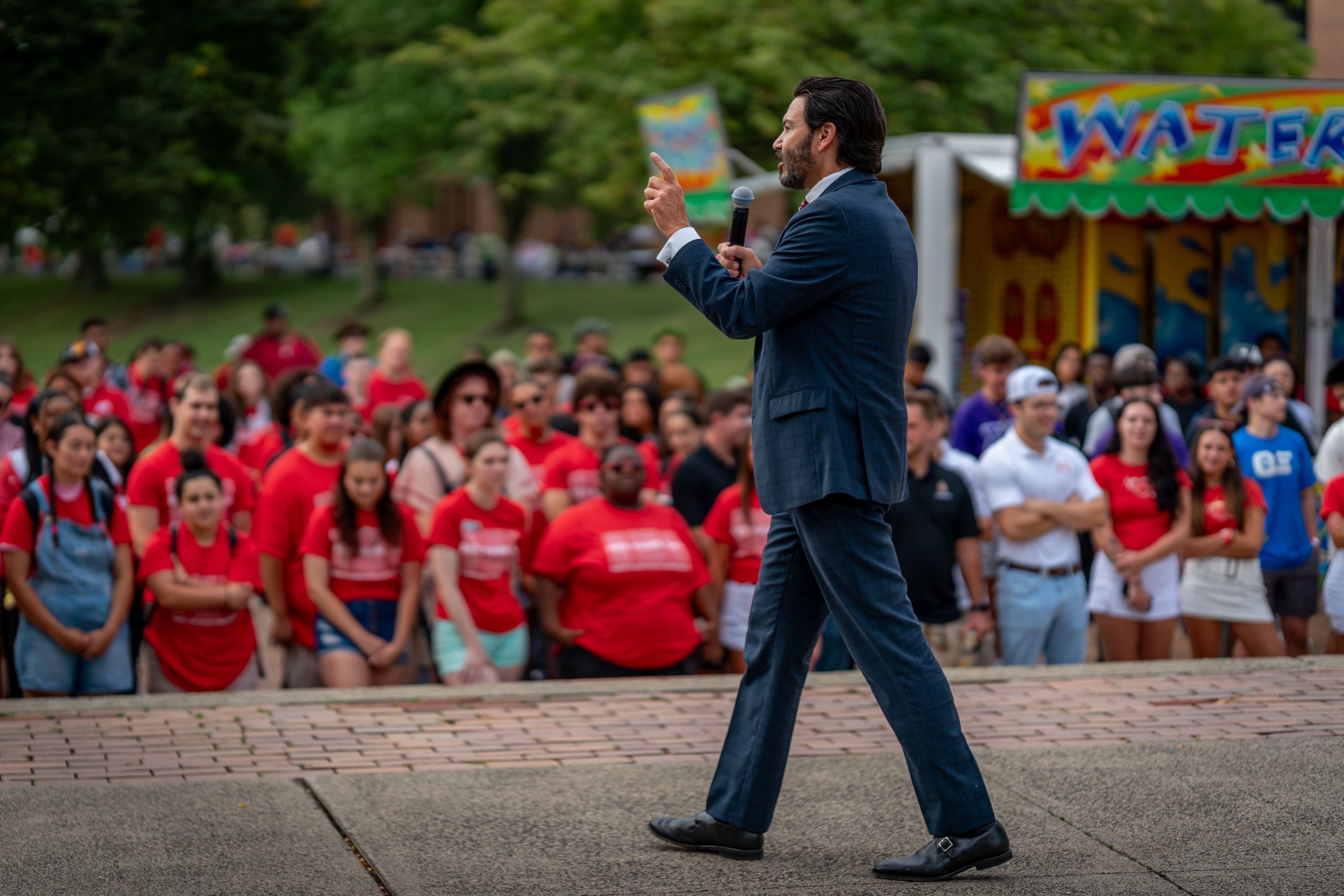 President Jonathan Koppell gives a speech to the class of 2027 in front of the Student Center at Red Hawk Day, Tuesday, August 29th, 2023.