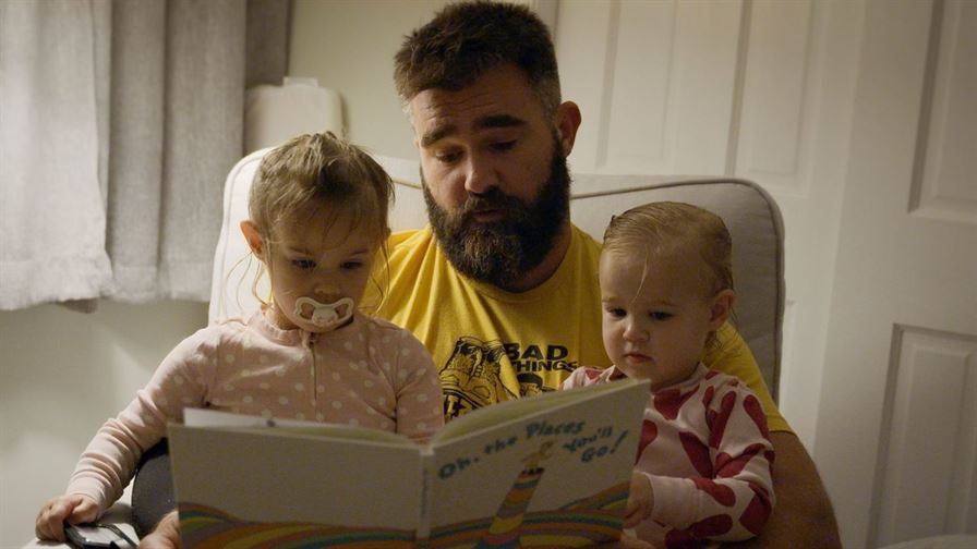 Jason Kelce reading a bedtime story to his two daughters. Photo courtesy of Vera Y Productions