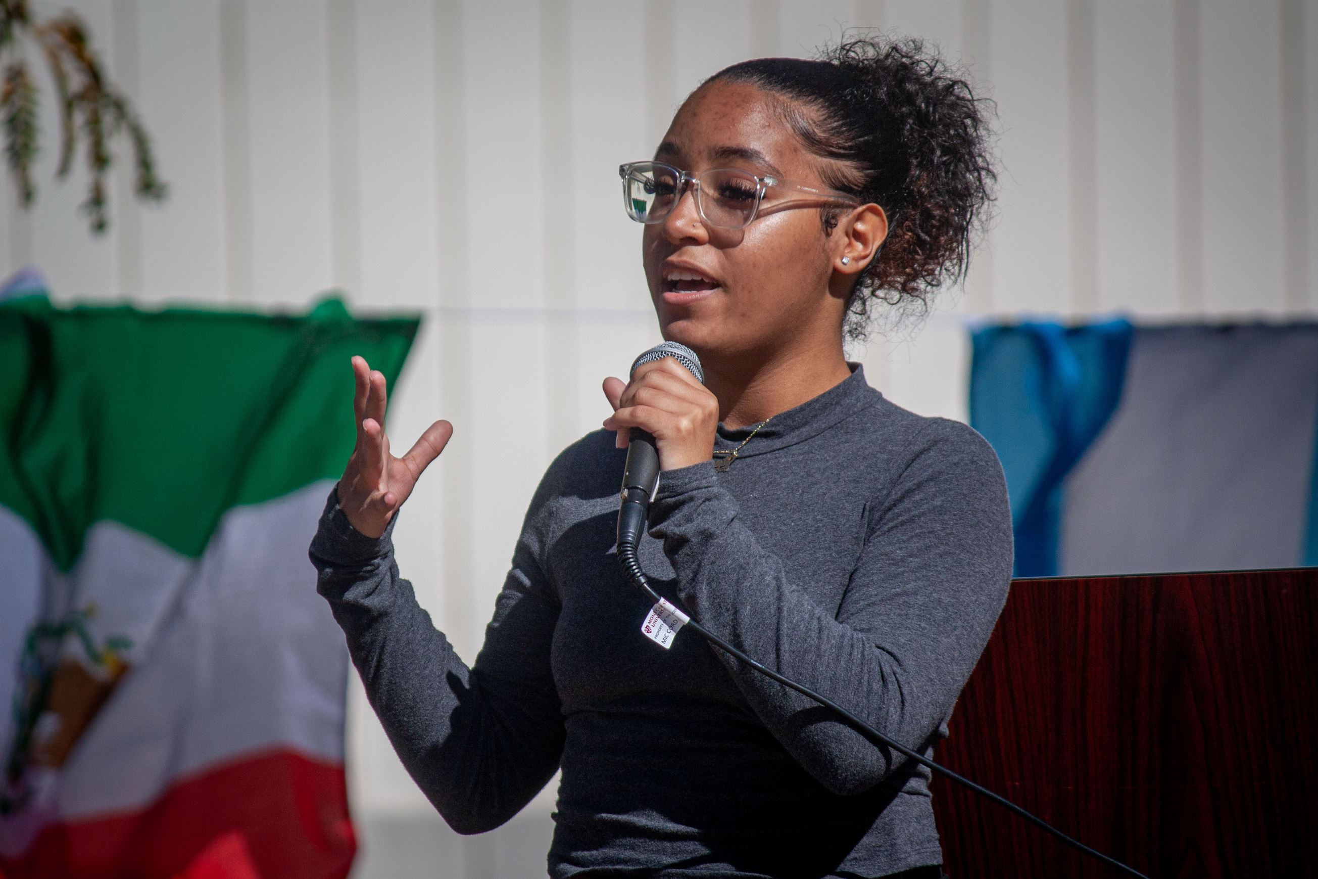 One of the student speakers at the Hispanic Heritage Month block party, president of the Dominican student organization Shanti Segura. Photo courtesy of Angel Santos | The Montclarion
