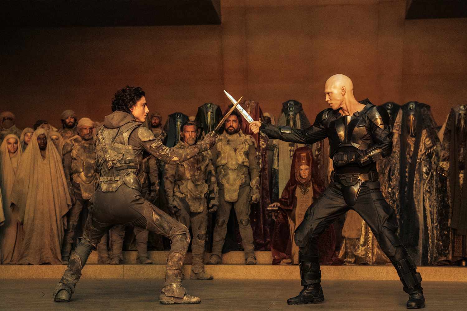 Paul and Feyd-Rautha dueling. Photo courtesy of Legendary Pictures