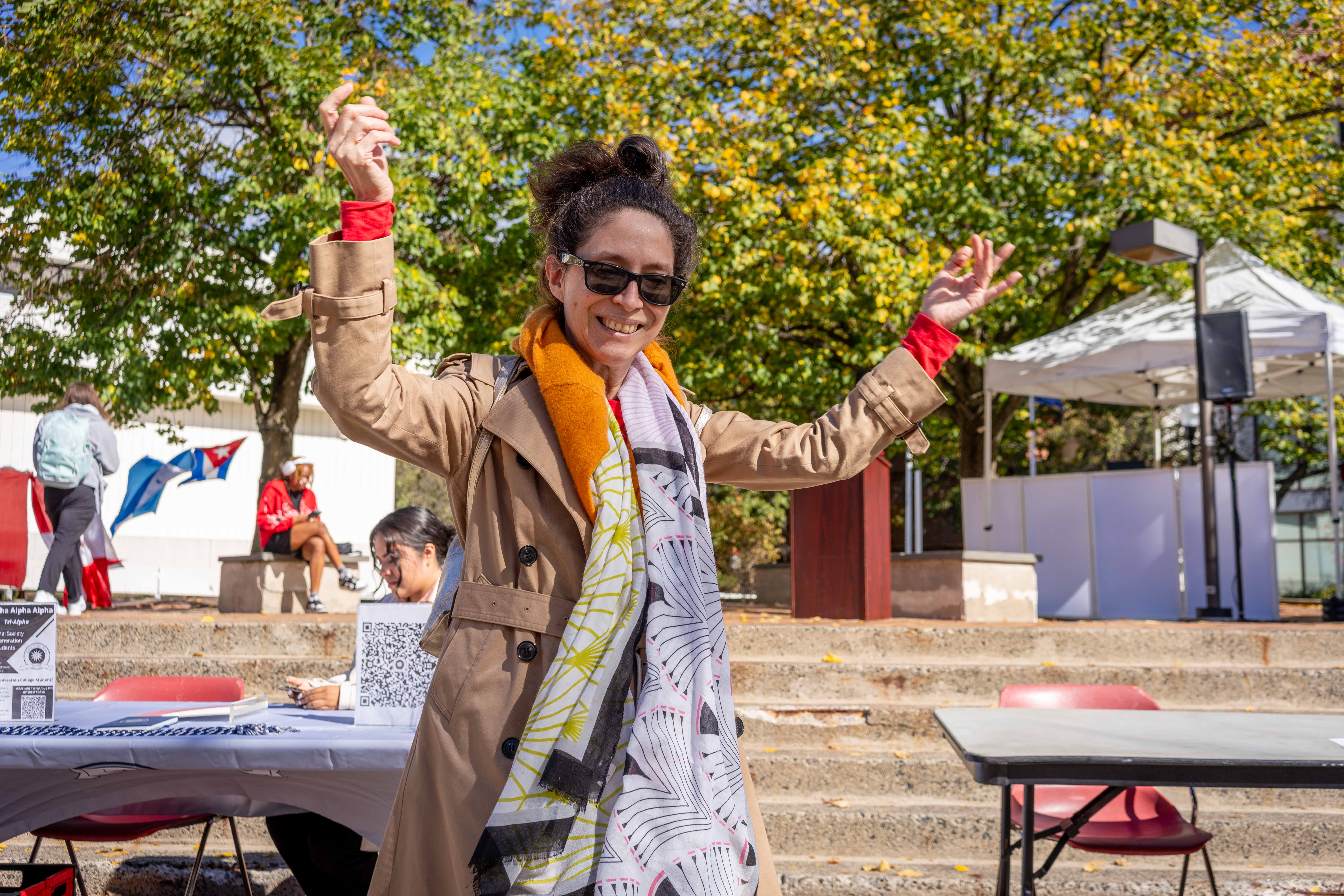 Evelyn von Gizycki, sophomore visual arts video game designer, dances at the Hispanic Heritage Month 2024 Block Party on October 16th, 2024. Karsten Englander | The Montclarion