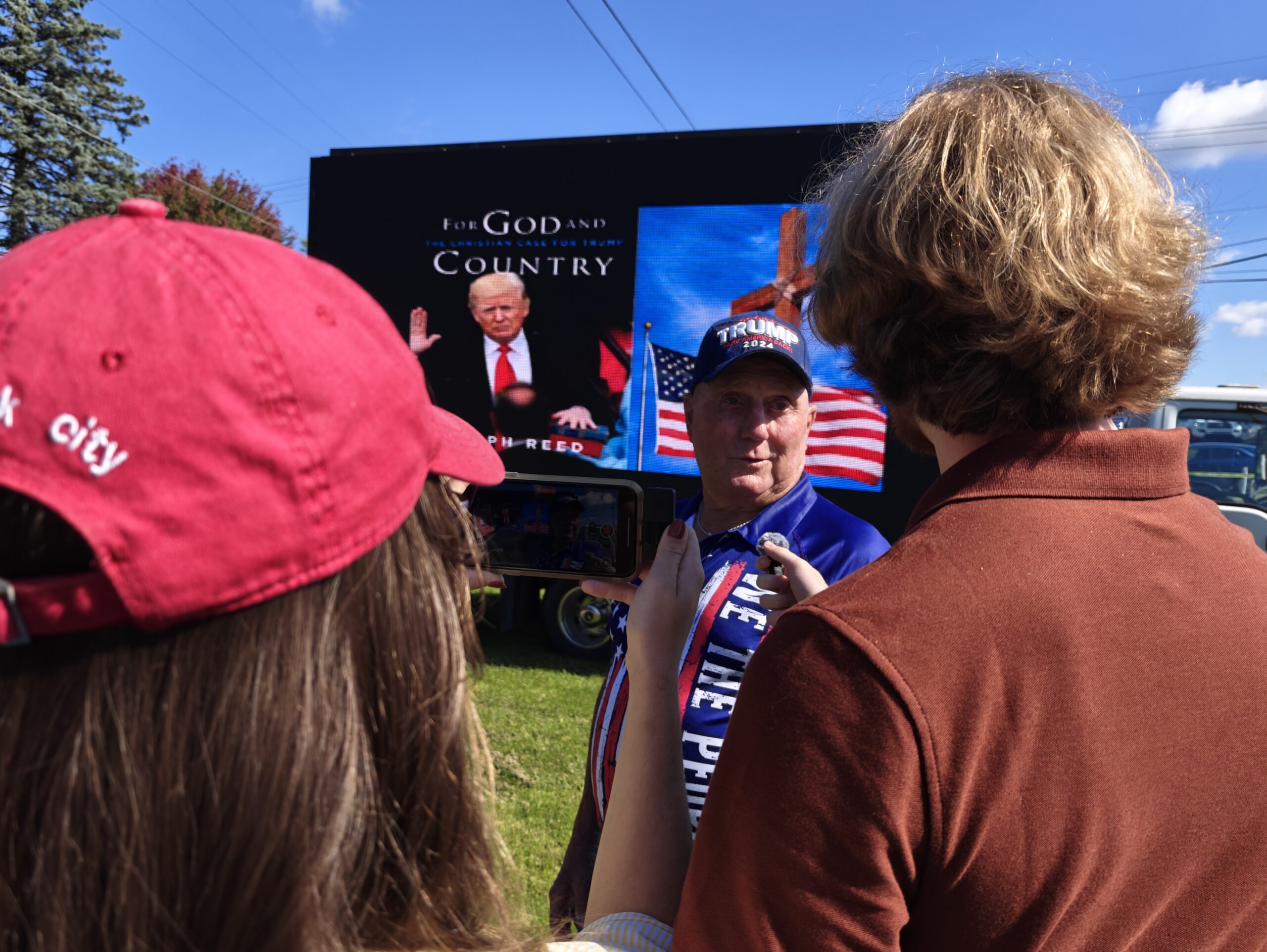 Students interviewing an attendee at the Donald Trump rally in Butler, Pennsylvania. Peter Guziejewski | The Montclarion