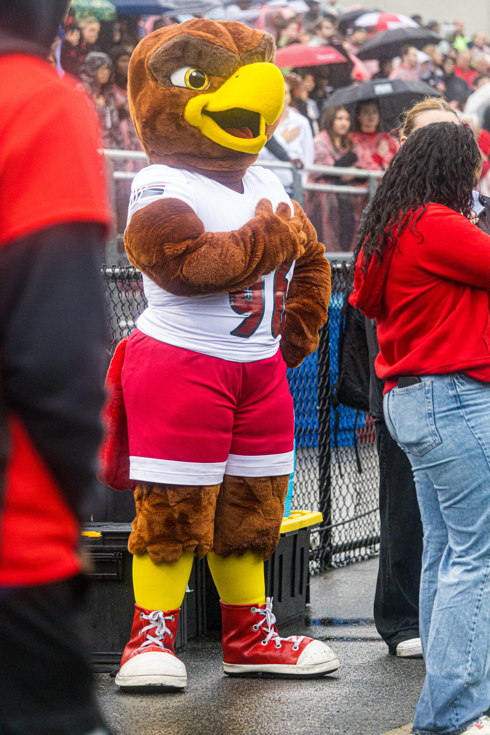 Rocky the Red Hawk, the university's main mascot, stands at the homecoming football game.
Qadir Branch | The Montclarion