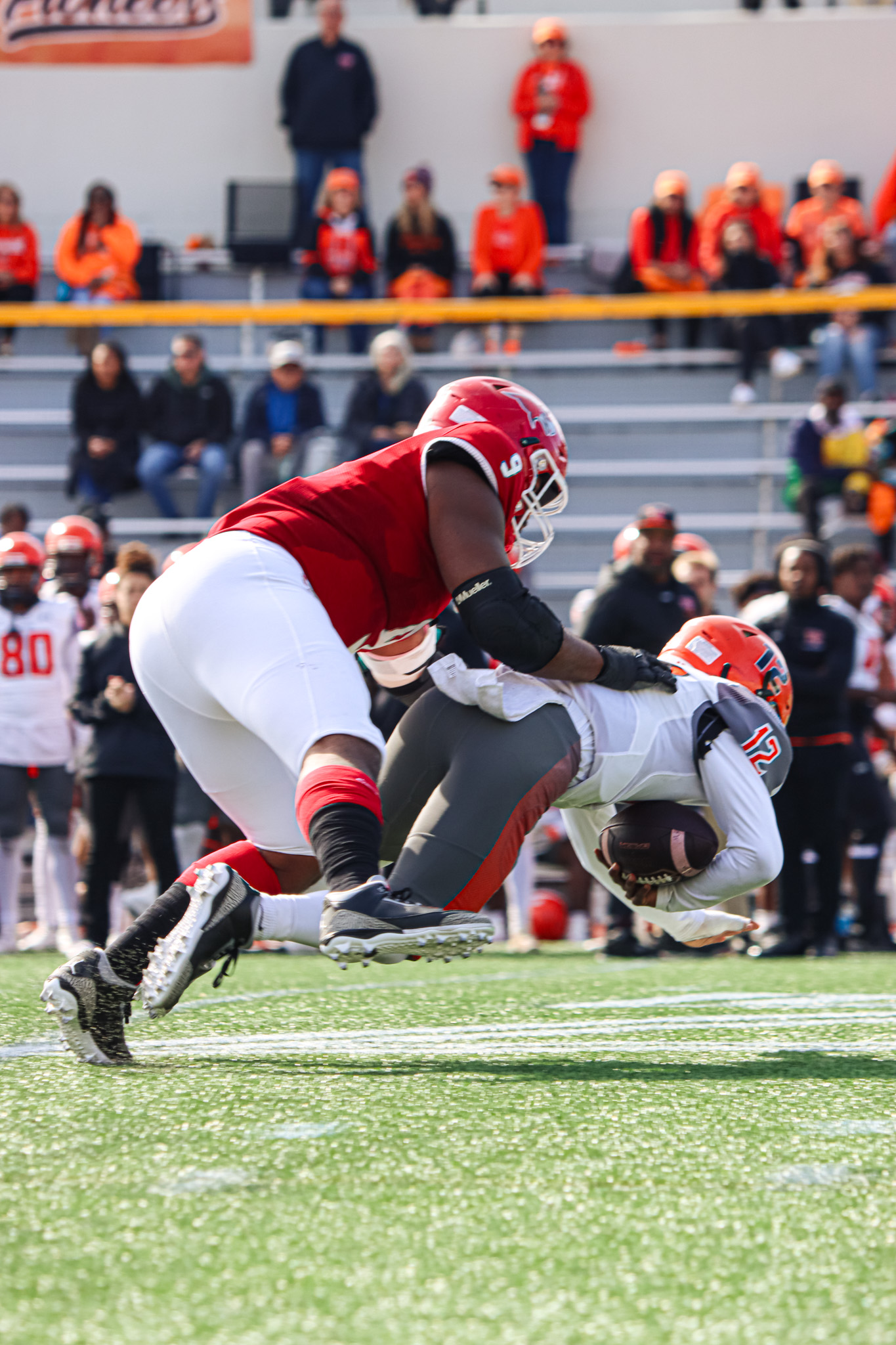 Senior defensive lineman Arnold Young powers his way to a sack.