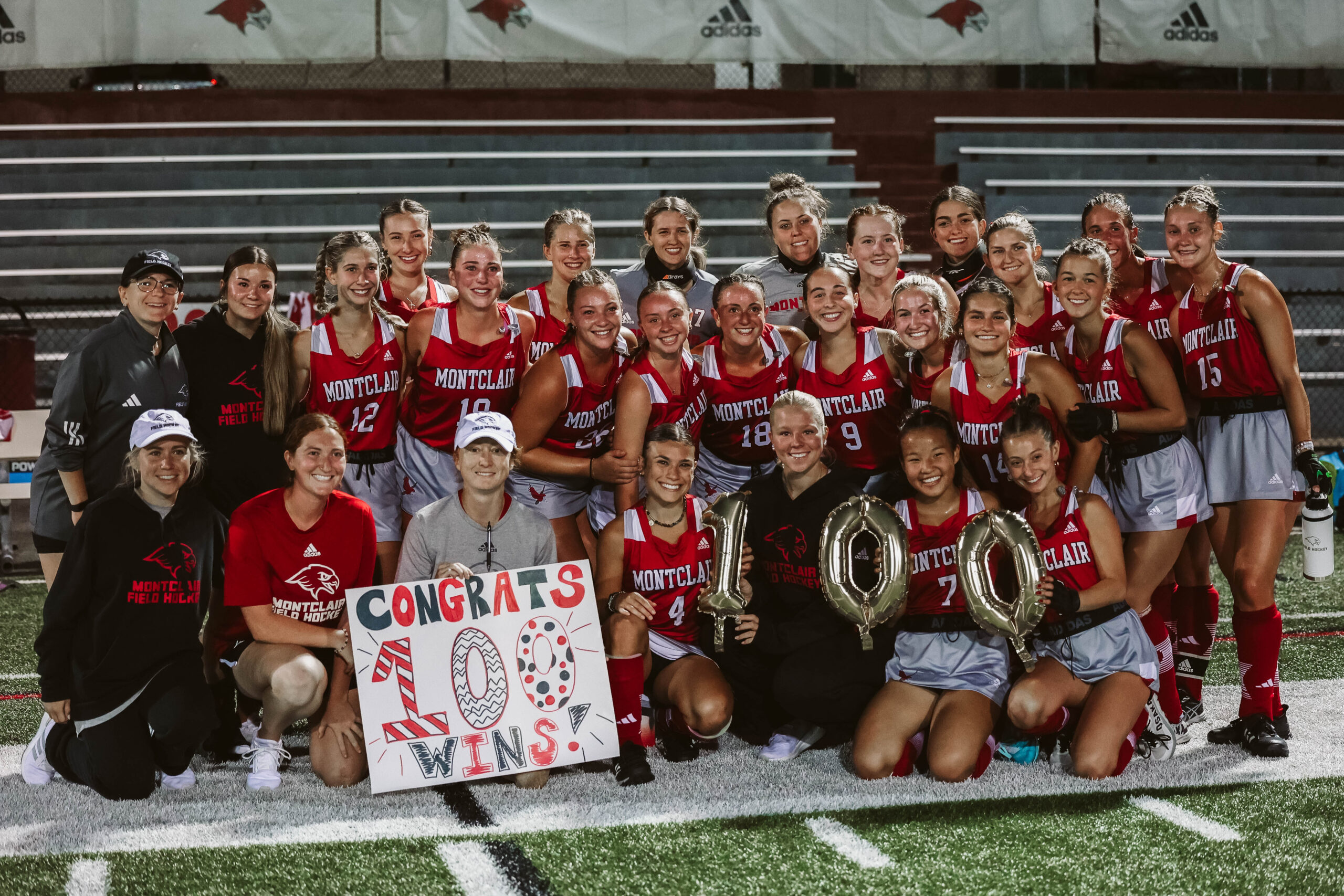 Head field hockey coach Eileen O'Reilly earned her 100th career win. The Red Hawks defeated Vassar College 2-0 under the lights of Sprague Field. Montclair State proceeded to post their best record since 2018 and capped it off with their first playoff appearance since 2022. Photo Courtesy of Montclair State Athletics.