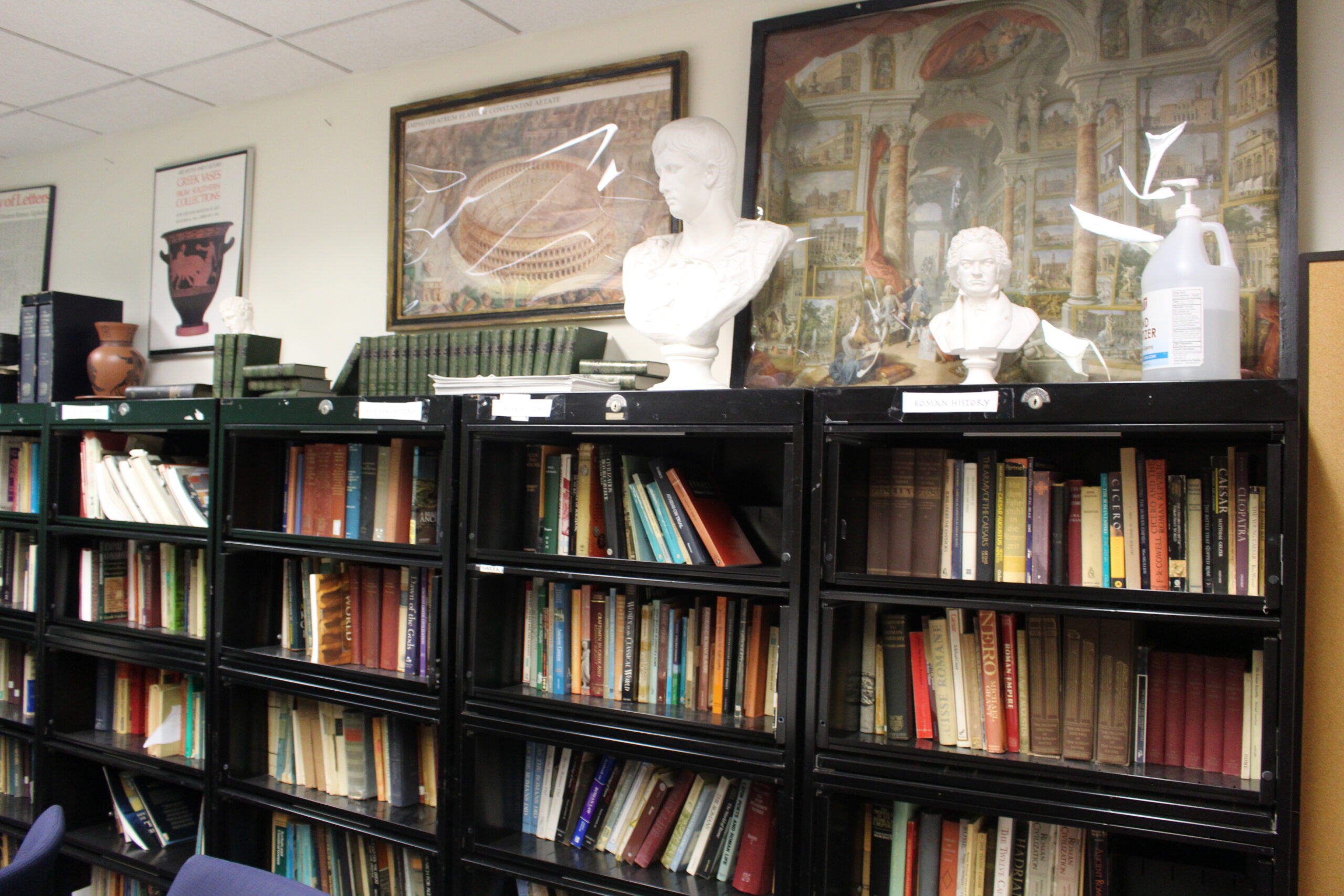 The array of books and artifacts in the Classics Library located in Dickson 155