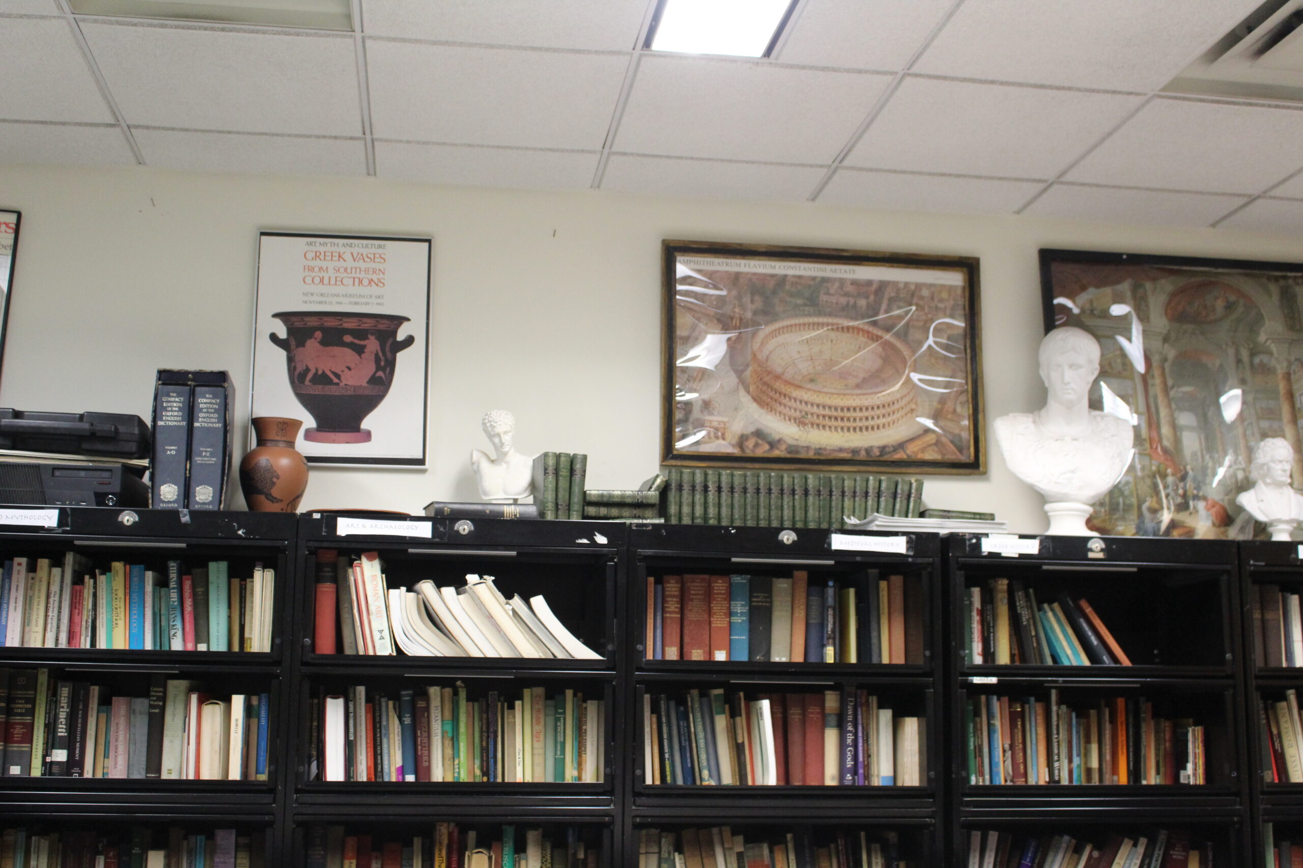 The array of books and artifacts in the Classics Library located in Dickson 155