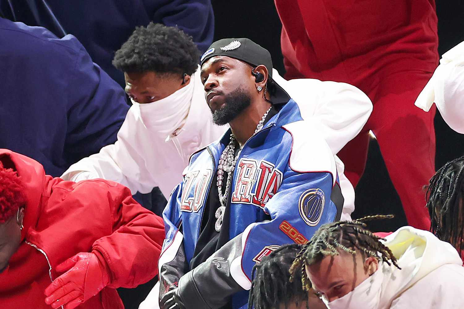 Kendrick Lamar and dancers at 59th Superbowl Halftime show. PHOTO: GREGORY SHAMUS/GETTY