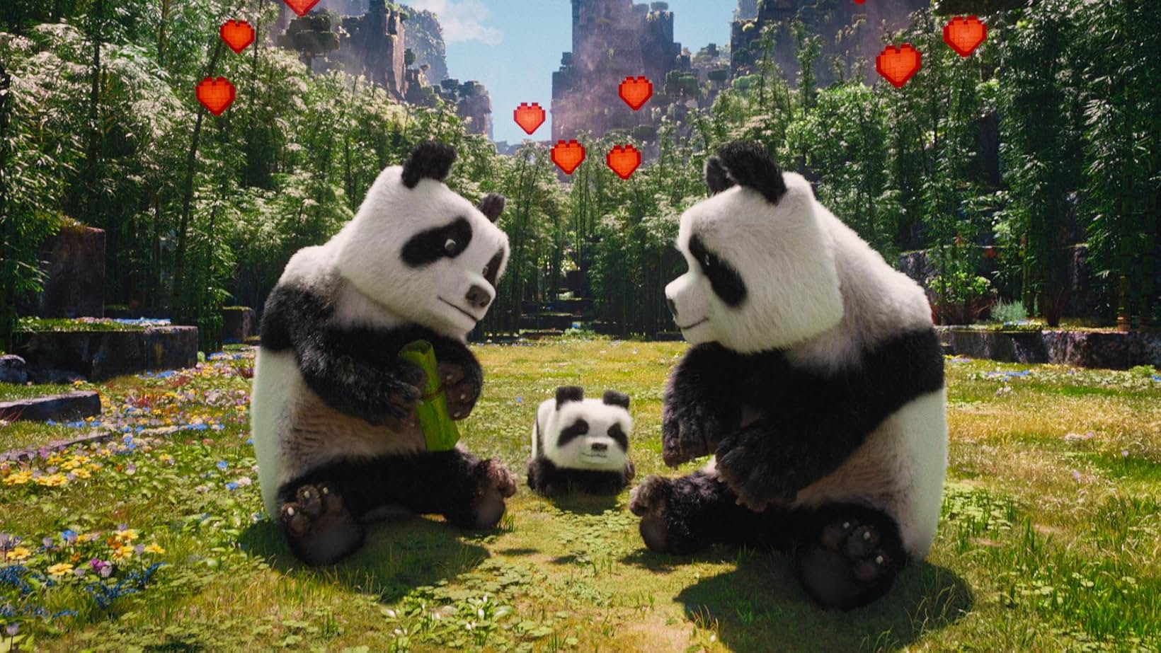 Minecraft movie pandas in their habitats. Photo courtesy of IMDB