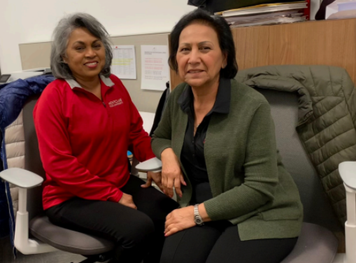 Preya Sanasie (left) and Amy Ahmad (right) pose for a photo inside Cole Hall. Ahmad strongly values their partnership. Photo by Alondra Santiago