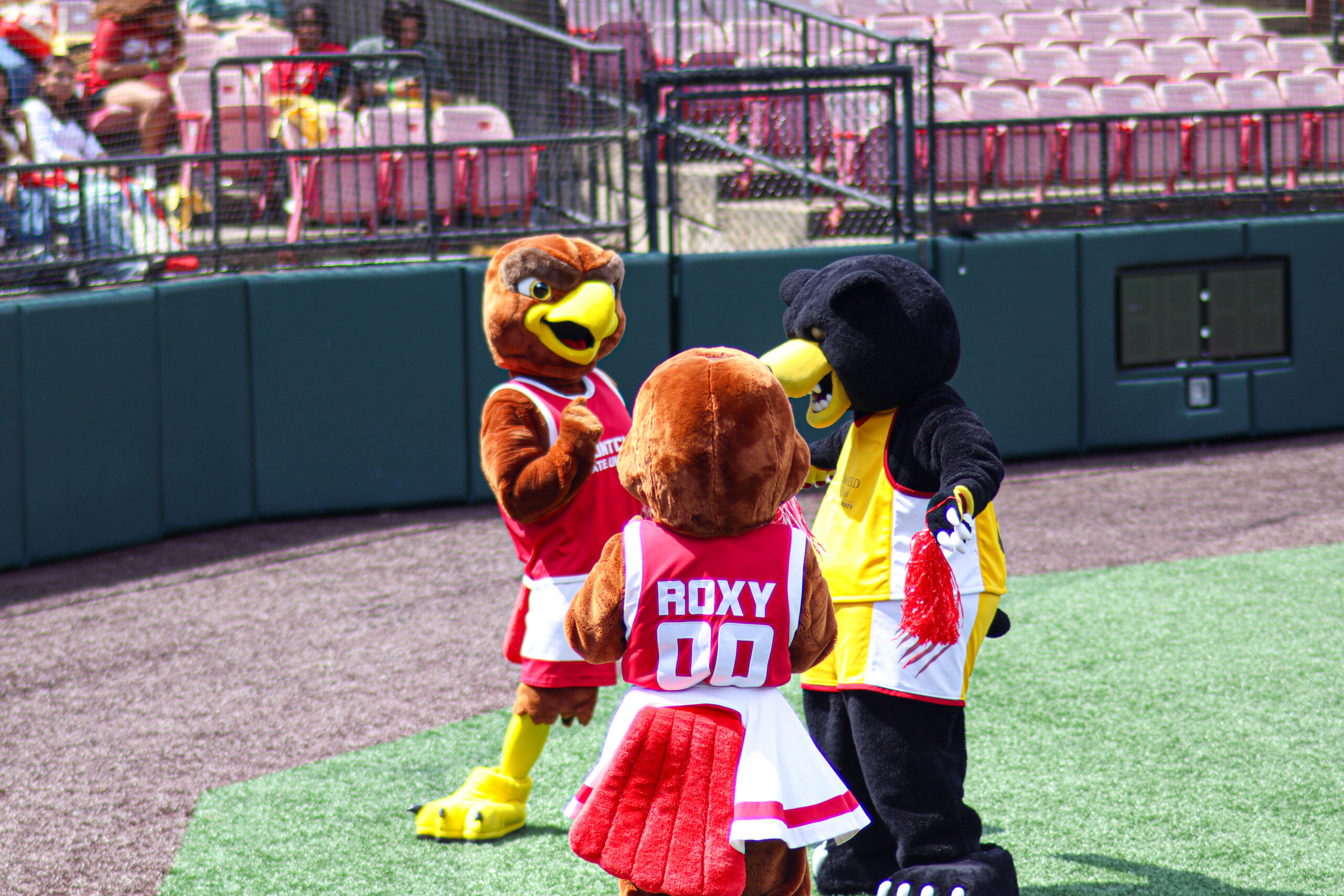Mascots Rocky, Roxy and Deacon all dancing to the music at Yogi Berra stadium event.