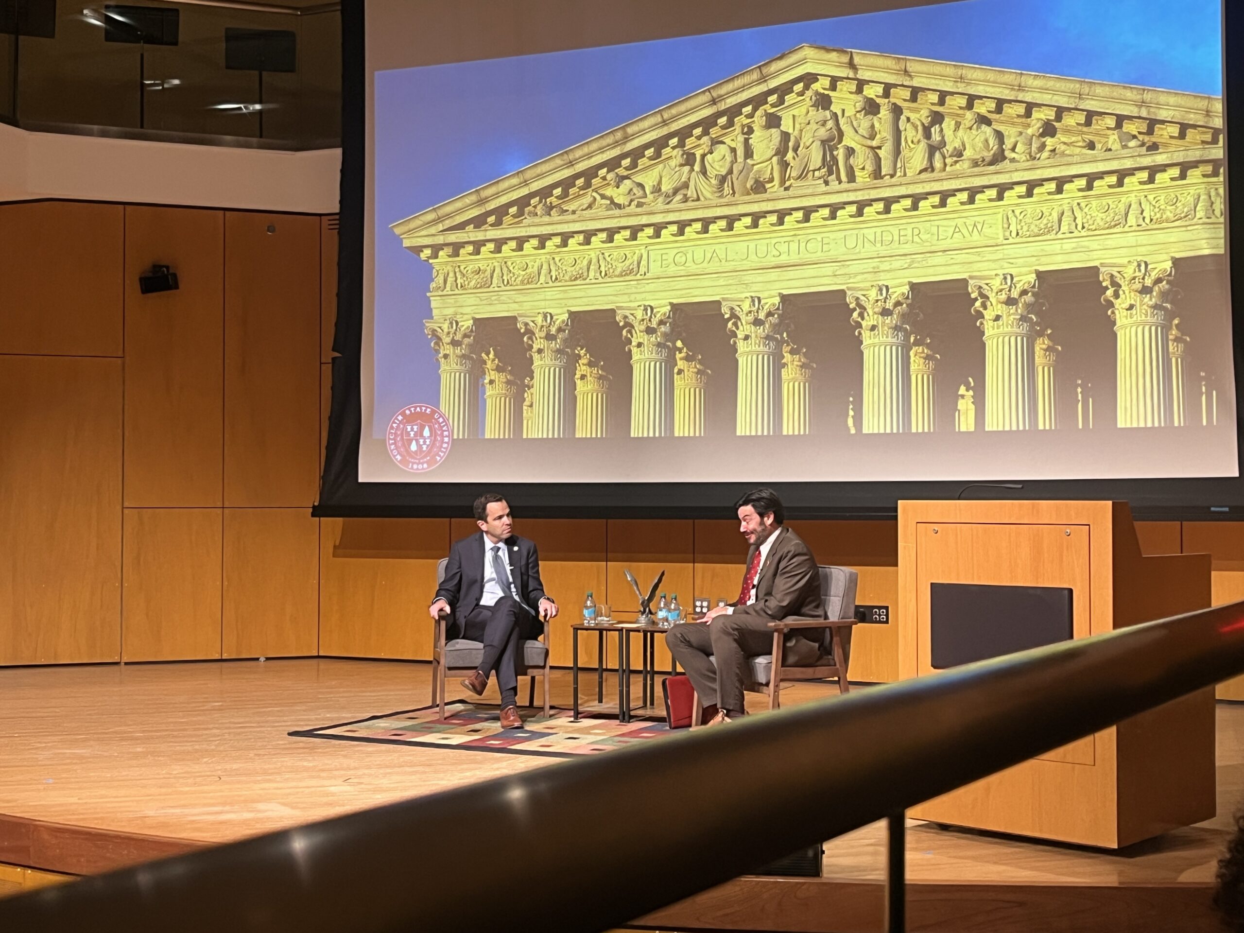 Montclair State University president Jonathan Koppell converses with New Jersey Attorney General Matthew J. Platkin. Sabine Louis | The Montclarion