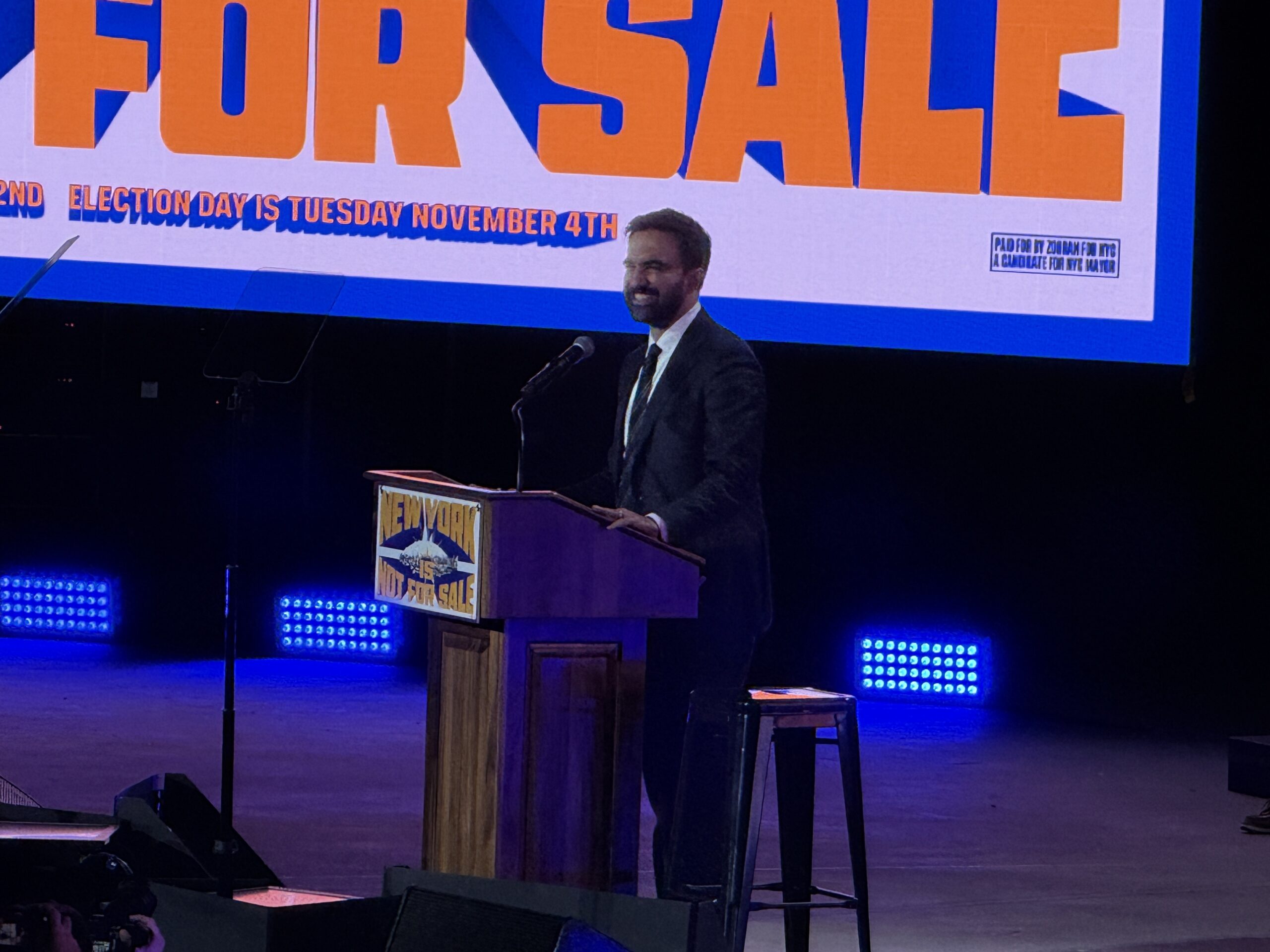 Mamdani speaks at a October 26 rally in Forest Hill Stadium in Queens. The mayor-elect was joined by Senator Bernie Sanders, Representative Alexandria Ocasio-Cortez, and New York Governor Kathy Hochul. David Bien-Aime | The Montclarion