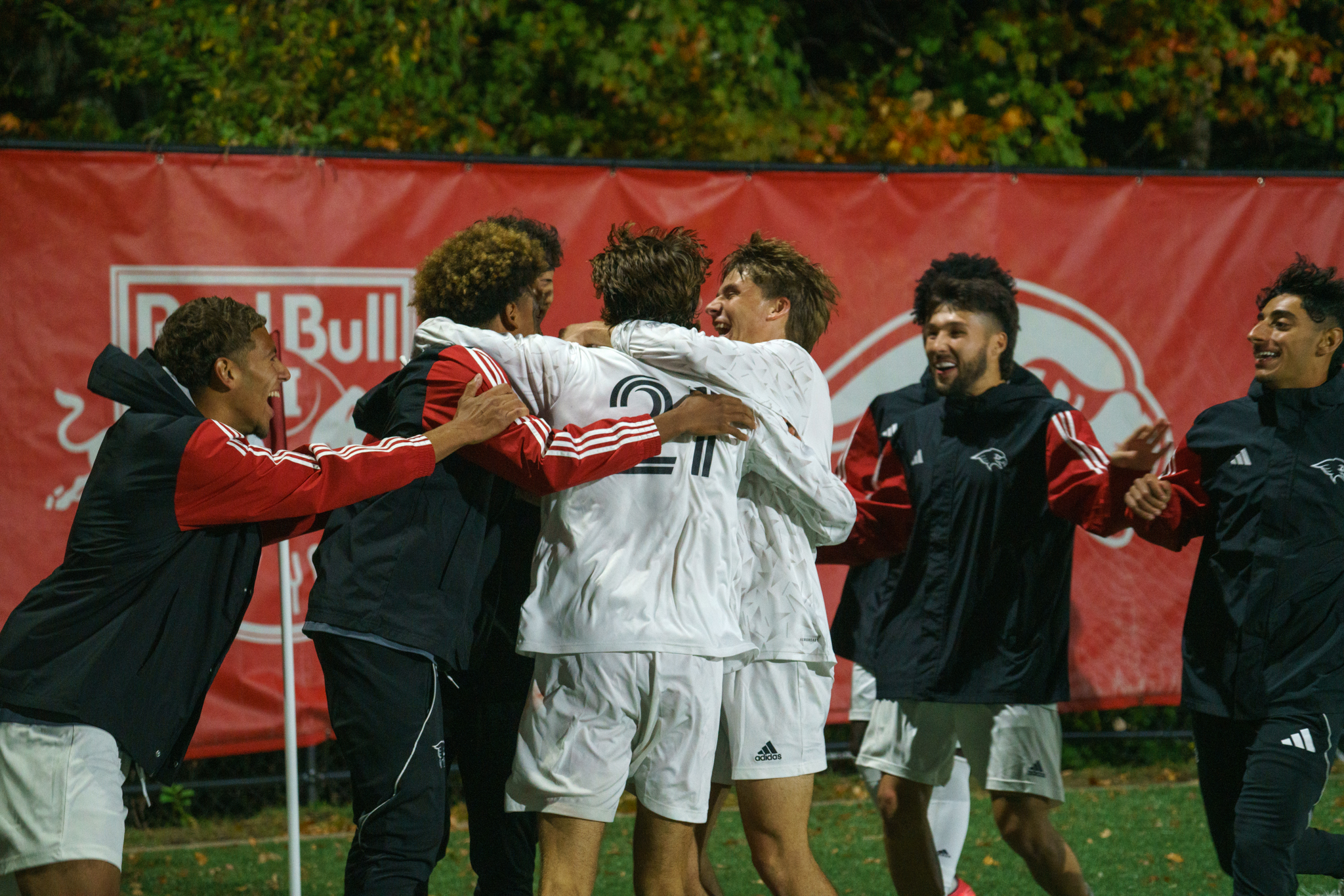 Montclair State huddles in celebration during a 6-4 victory over Rutgers-Newark. Jamiel Negron