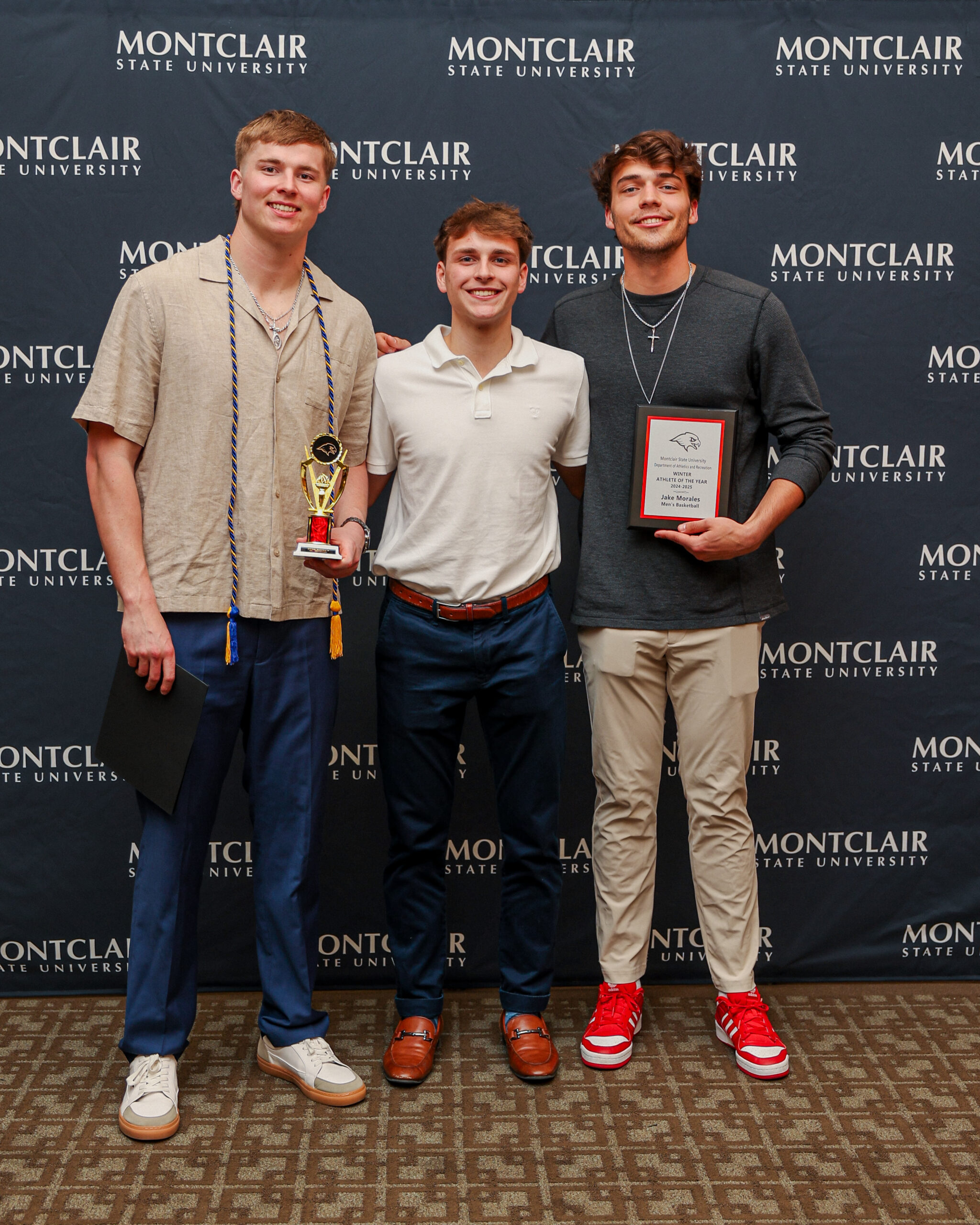 Jacob Morales's (right) familiarity with former teammates Ryan Cassels (center) and Grant Holbrook (left) allowed for a connection to Montclair State while in the transfer portal. Photo courtesy of Montclair State Athletics