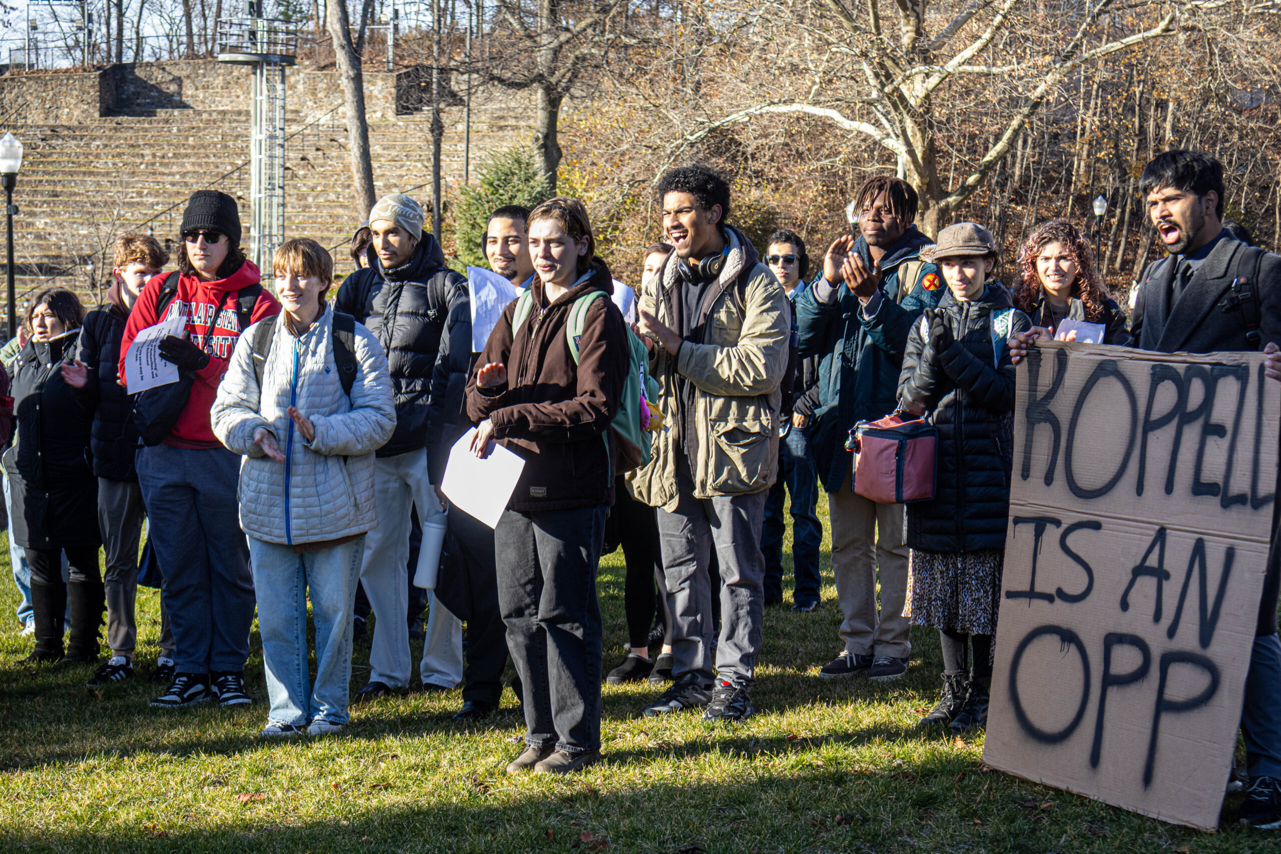 During the College of Humanities and Social Sciences restructuring protest, students marched from outside Dickson Hall to Cole Hall to demand President Koppell to step out of his office.