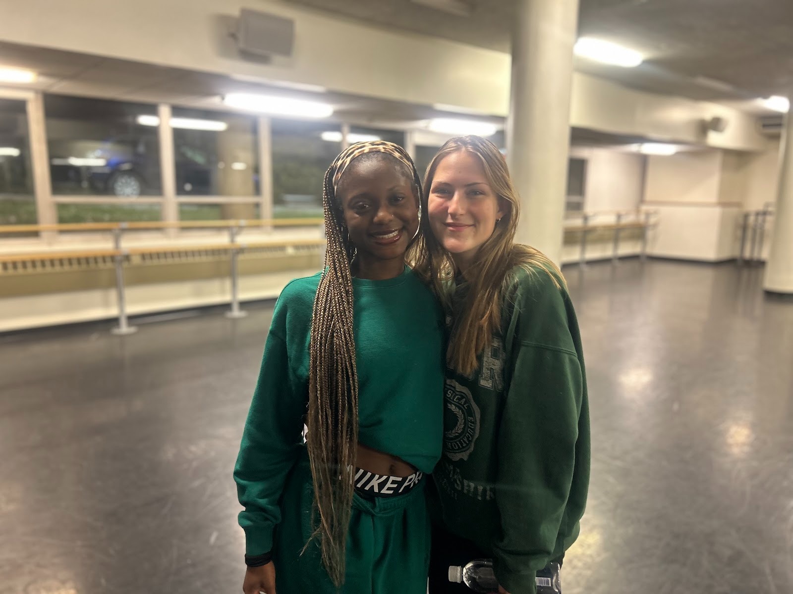 Dance students Jumai Boxton and Inez Jaskowski pose after Love's class. Gianni Closeil | The Montclarion