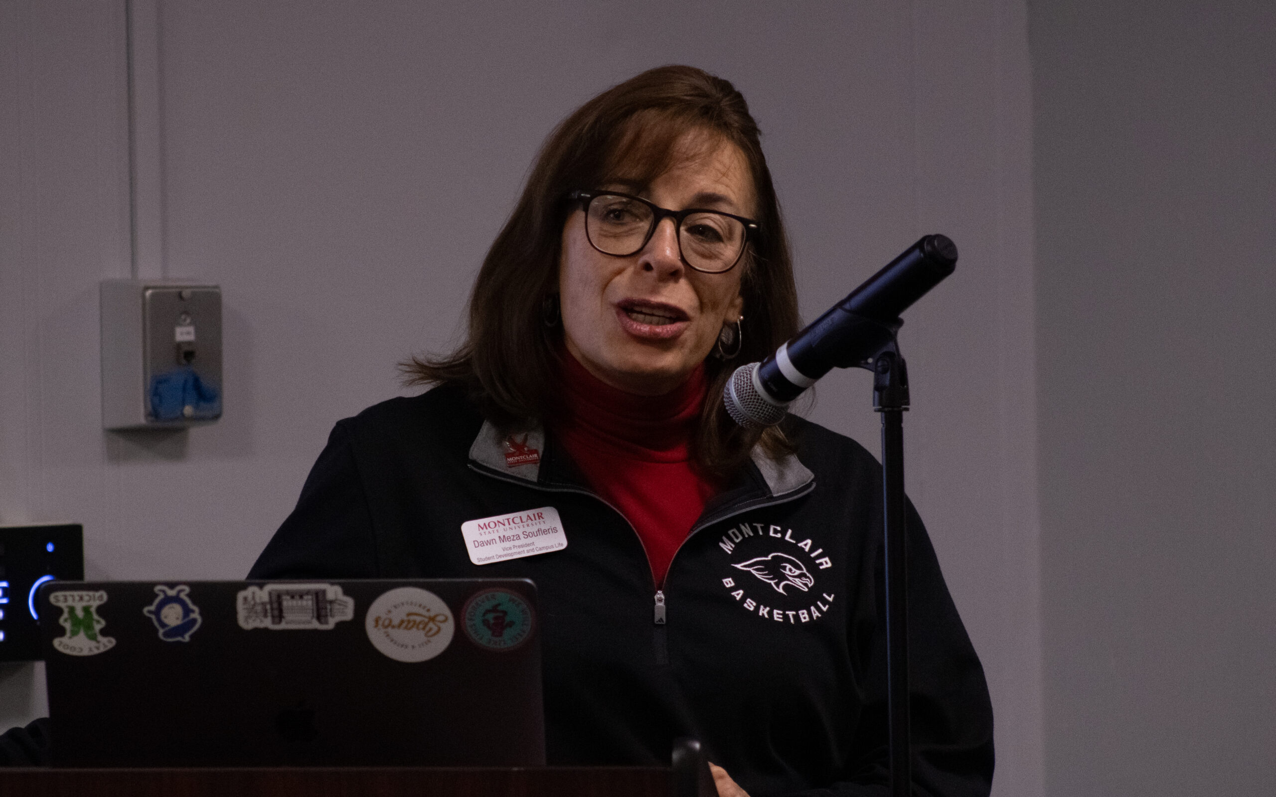 Dawn Meza Soufleris, vice president for student development and campus life, gave a lengthy testimonial in memory of Nancy Menegus. A ceremony for the Java Love/C-Store employee was held on Feb. 4 in the Student Center Underground.