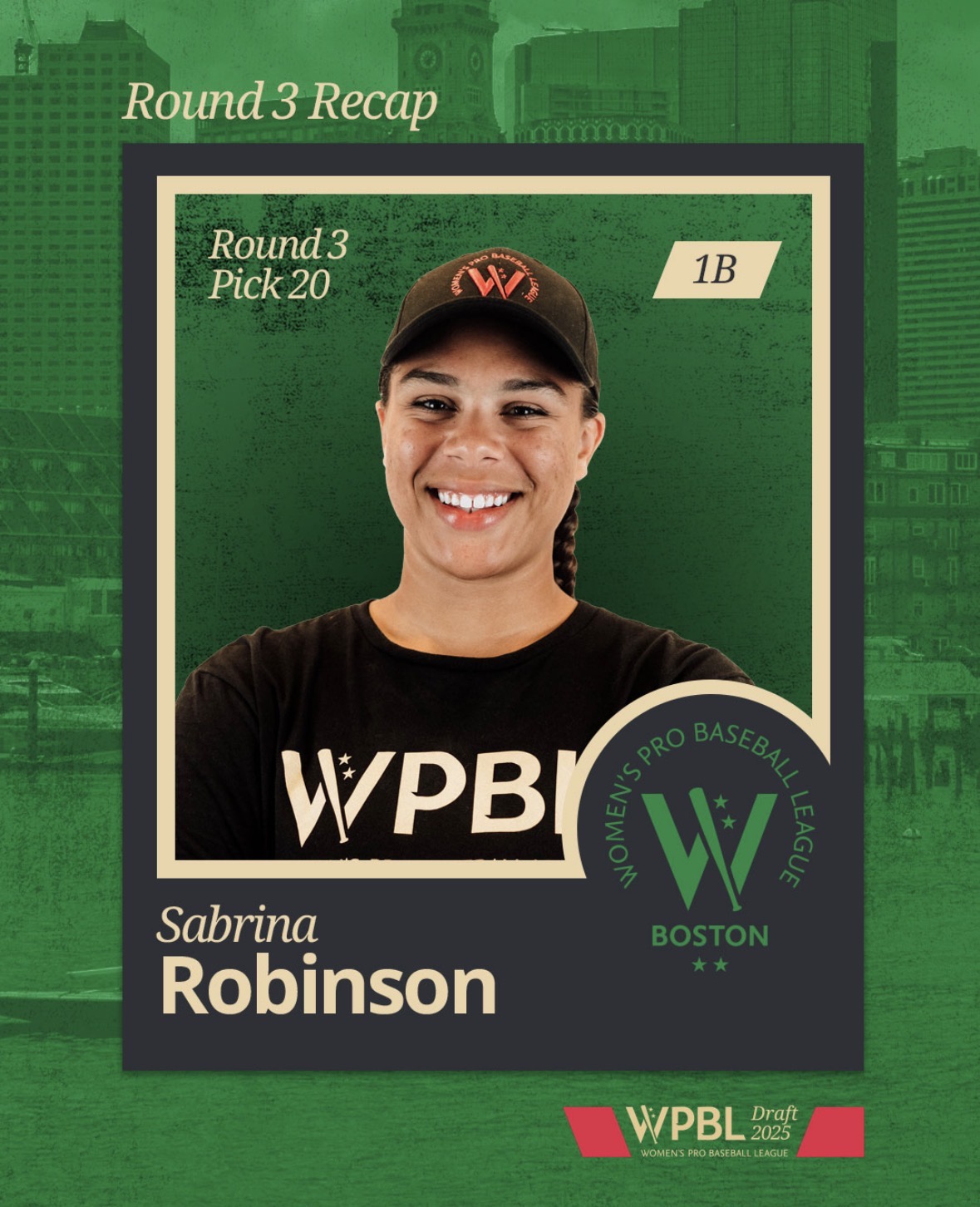 Sabrina Robinson was drafted by Boston in Round 3, Pick 20 of the Women's Pro Baseball League in November of 2025. Photo credit: WBPL, WBPL Boston via Instagram