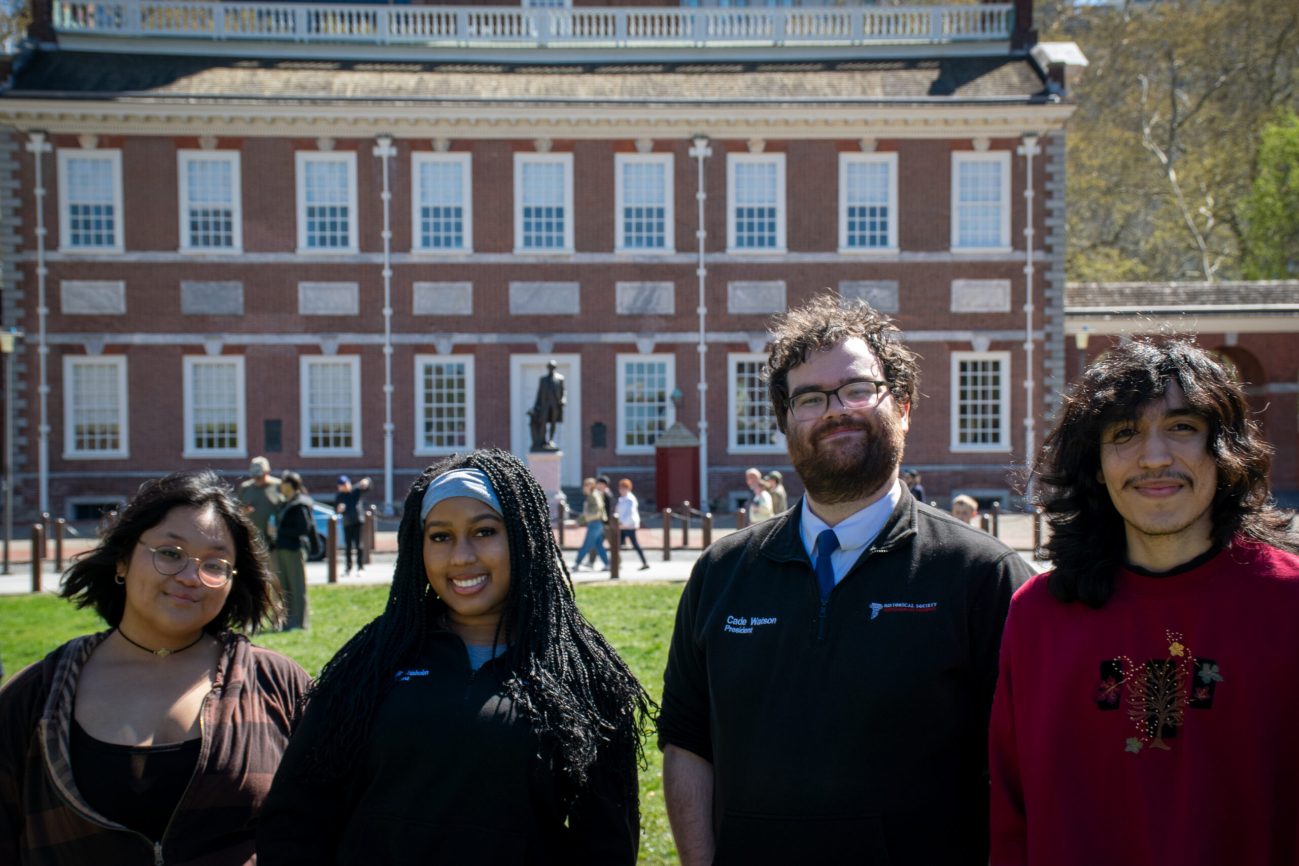 E-board members of the Historical Society in front of Carpenters' Hall, listed from left to right: Jay Lucinario, Madison Seigle-Chisholm, Cade Watson, Abel Molina.