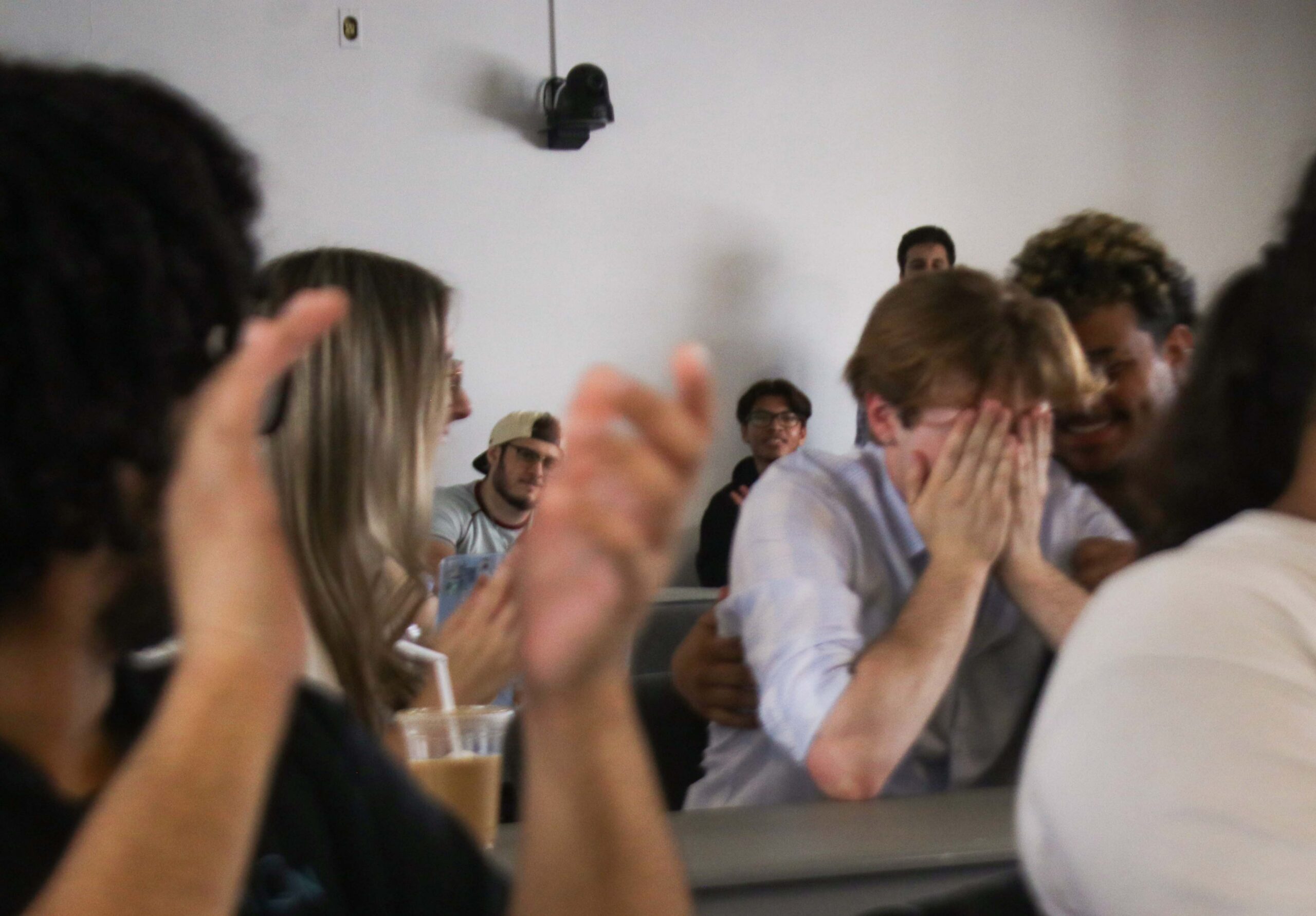 MONTCLAIR, NJ 04/01/2026 BEN SGA: Ben Coulson reacts to winning the SGA President position for the 2026-2027 academic year as friendts sit besides him  by Emily Ramirez