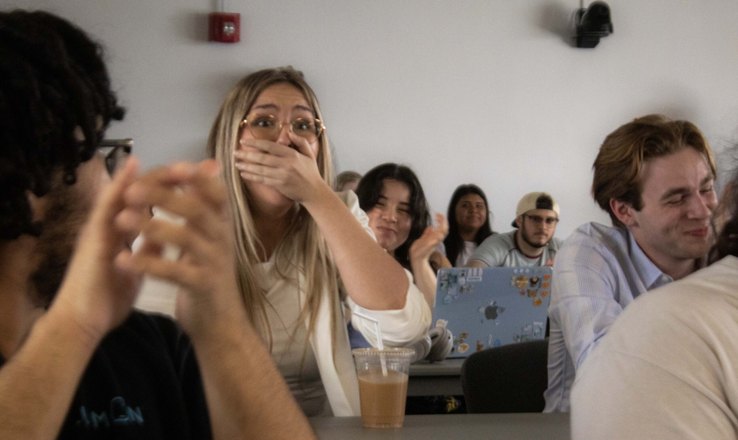 MONTCLAIR, NJ 04/01/2026 LEA AND BEN SGA: Lea Spasic reacts to winning the SGA Treasure position for the 2026-2027 academic year as Ben Coulson sits besides her-photo by Emily Ramirez