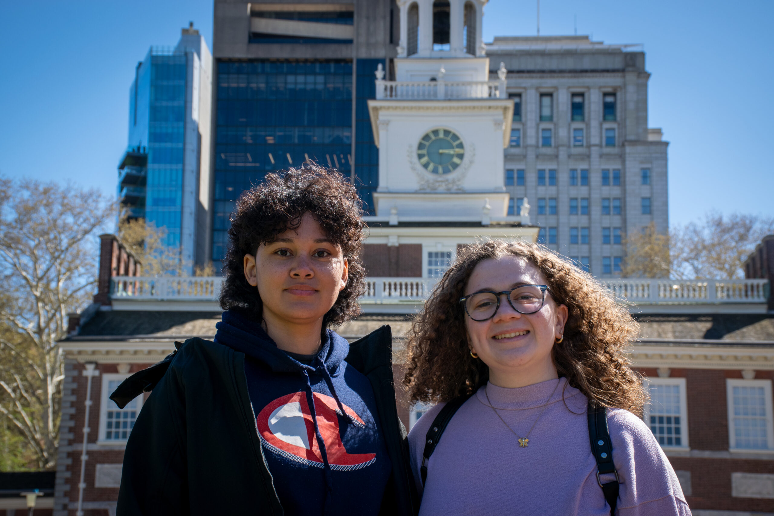 Historical Society members Tori Berrios (left) and Delilah Mihalko (right) in front of Carpenters' Hall in Philadelphia.